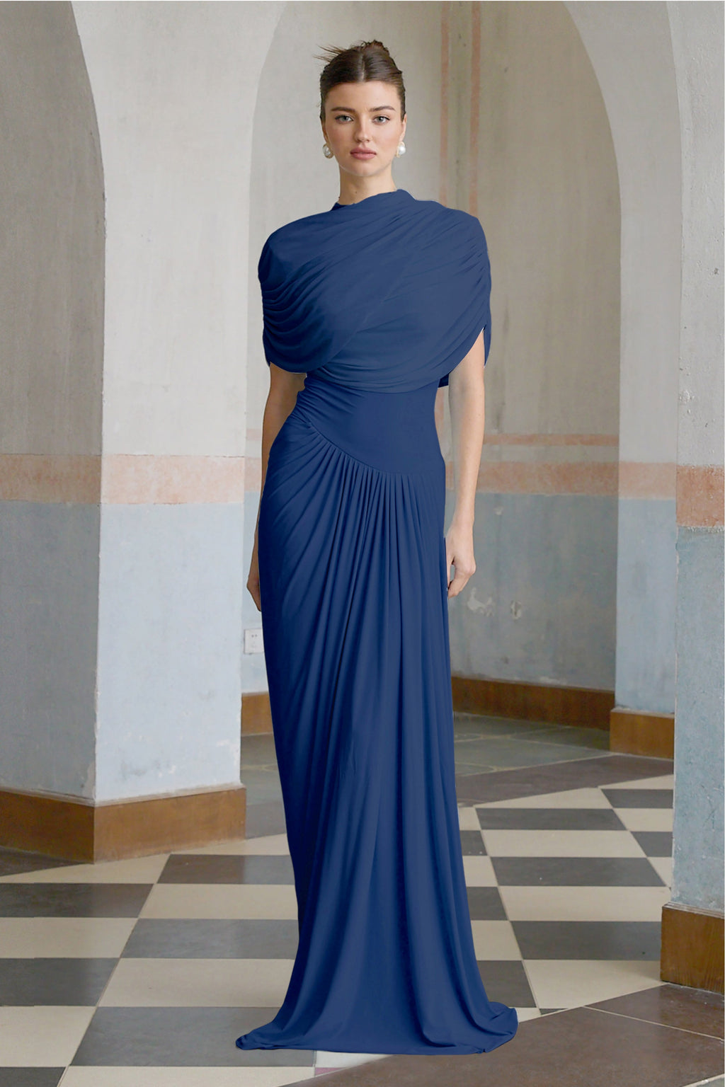 Catherine asymmetrical pleated maxi dress in Navy-blue