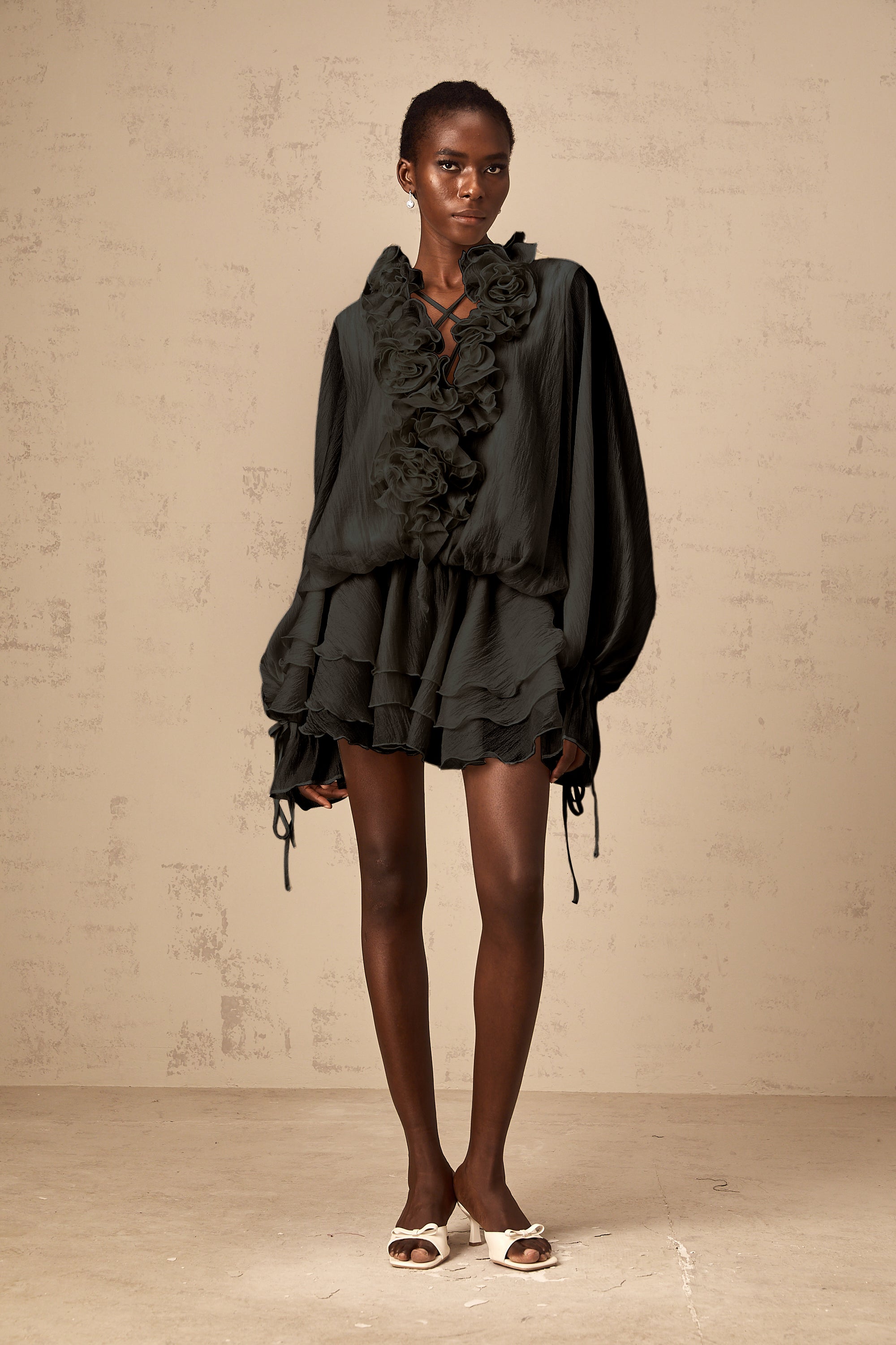 Zéphyrine floral-appliqué tiered mini dress in Black