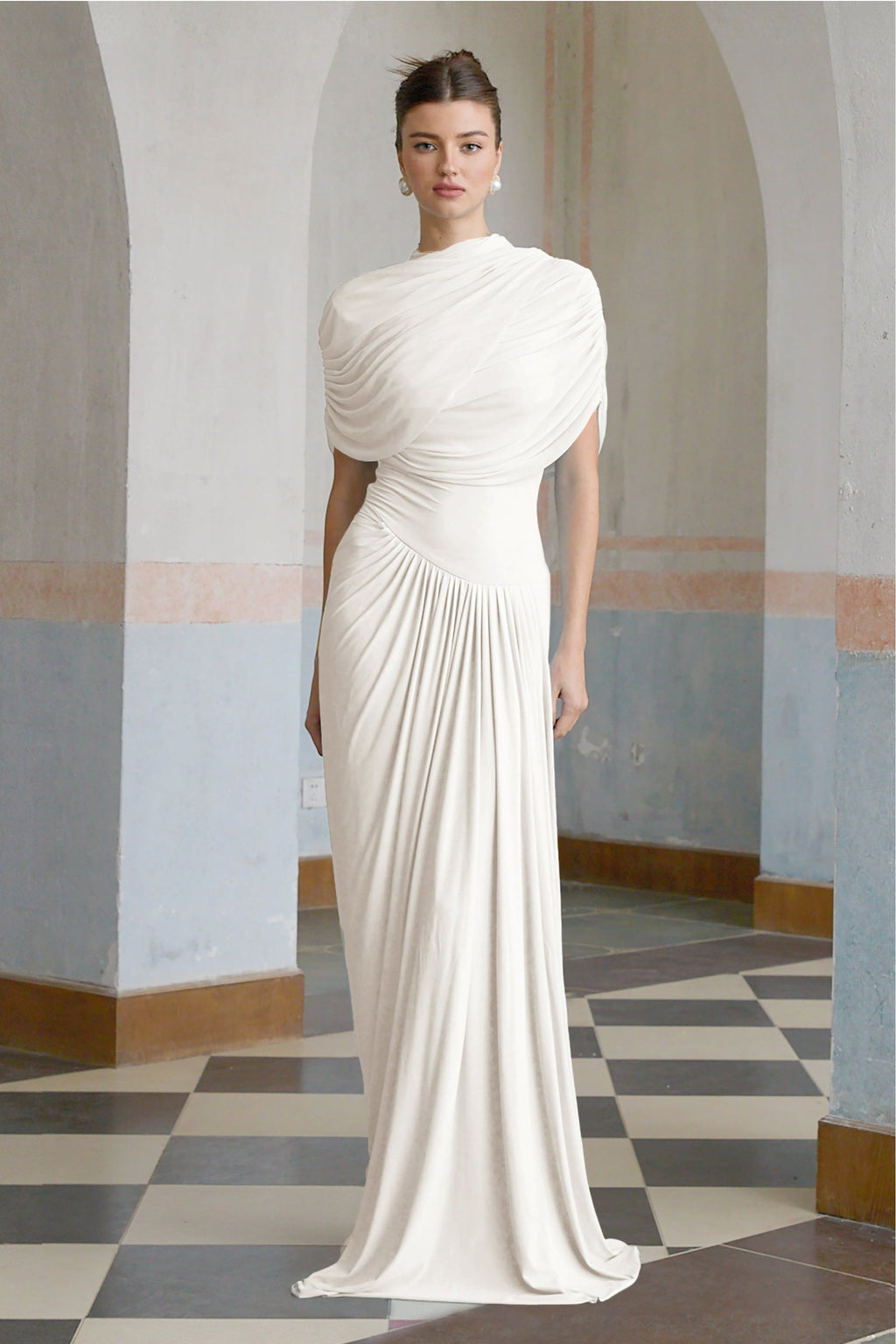 Catherine White Asymmetrical Pleated Maxi Dress
