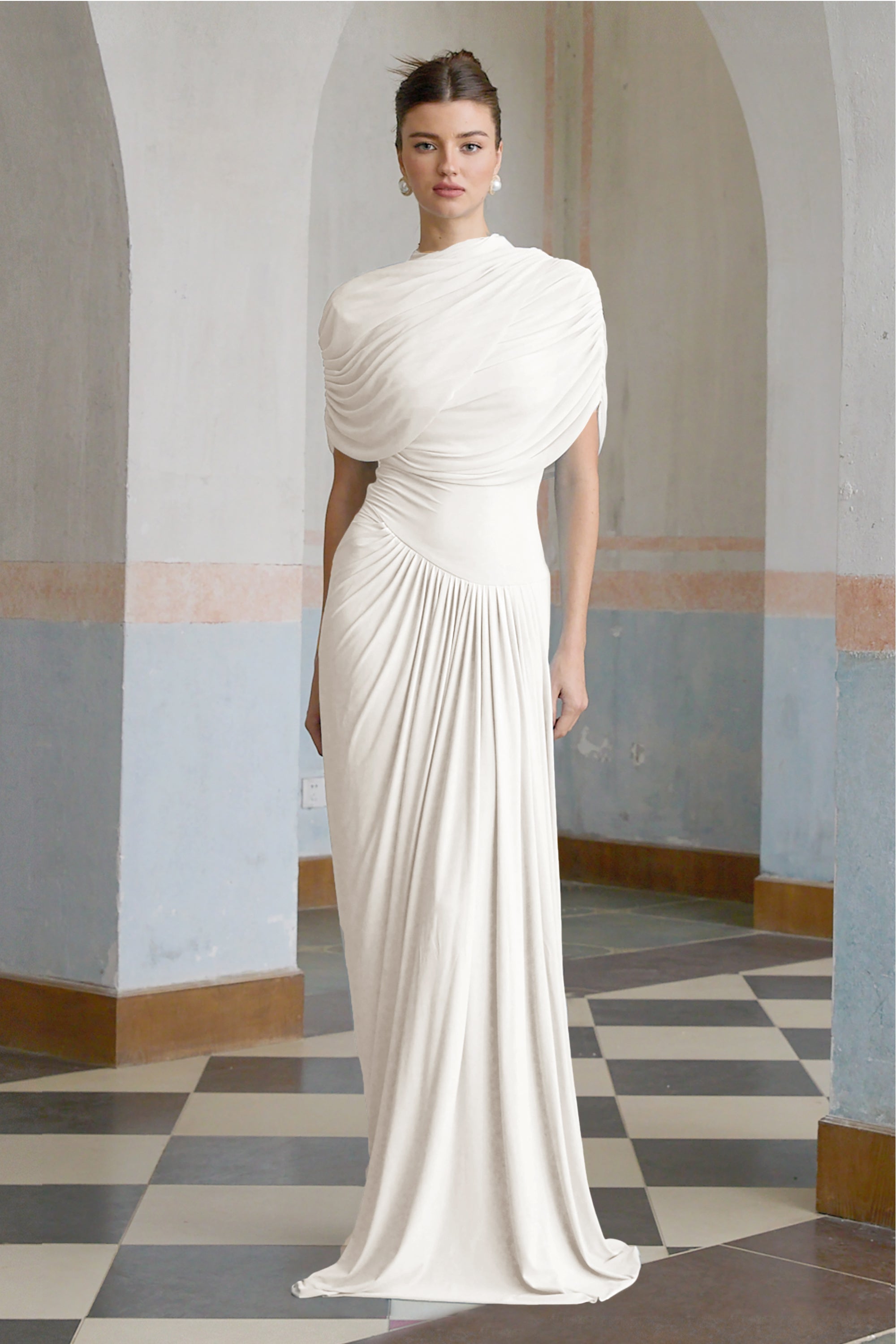 Catherine White Asymmetrical Pleated Maxi Dress