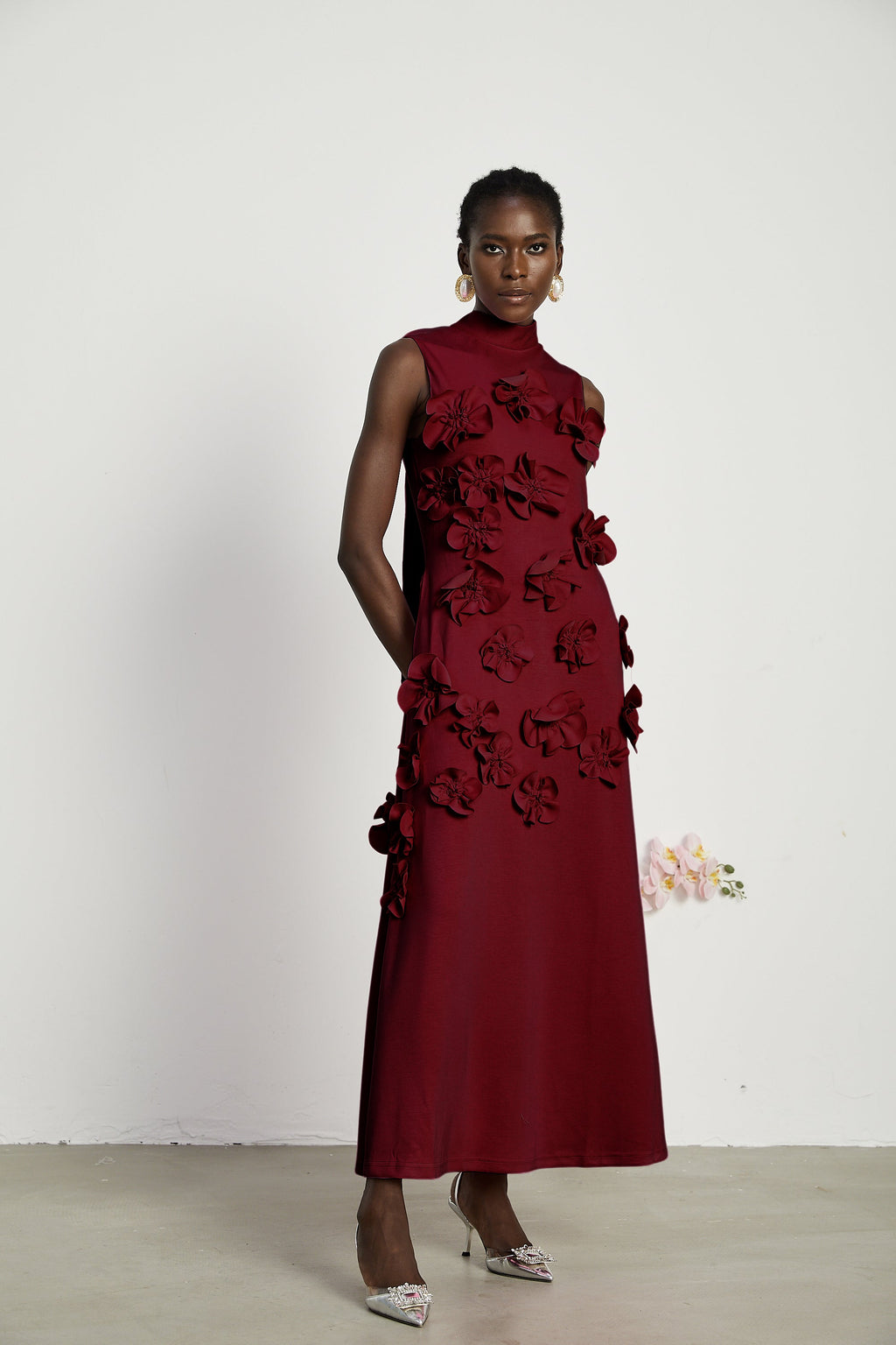 Magali Red Sleeveless Maxi Dress with Faux Flower & Bow-Tie Embellishment