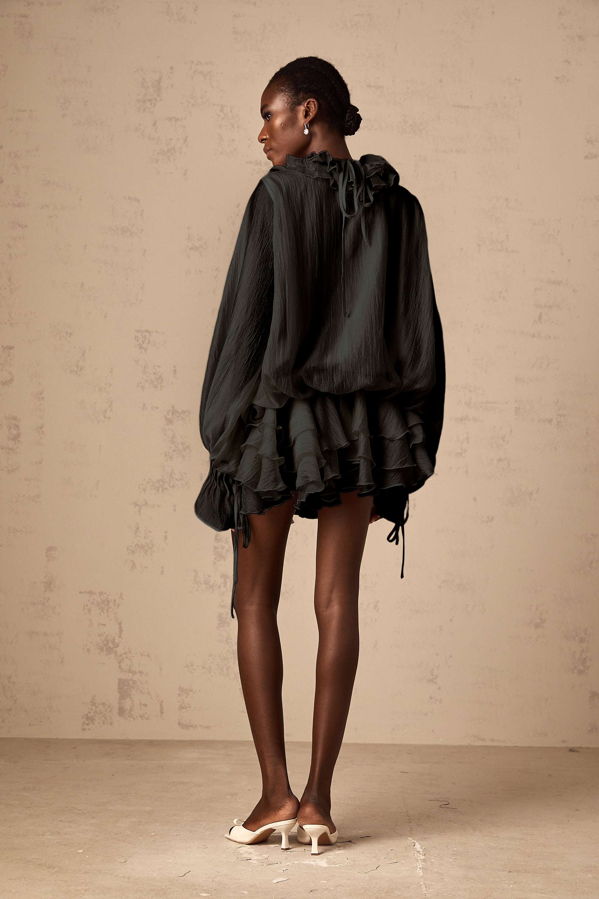 Zéphyrine floral-appliqué tiered mini dress in Black