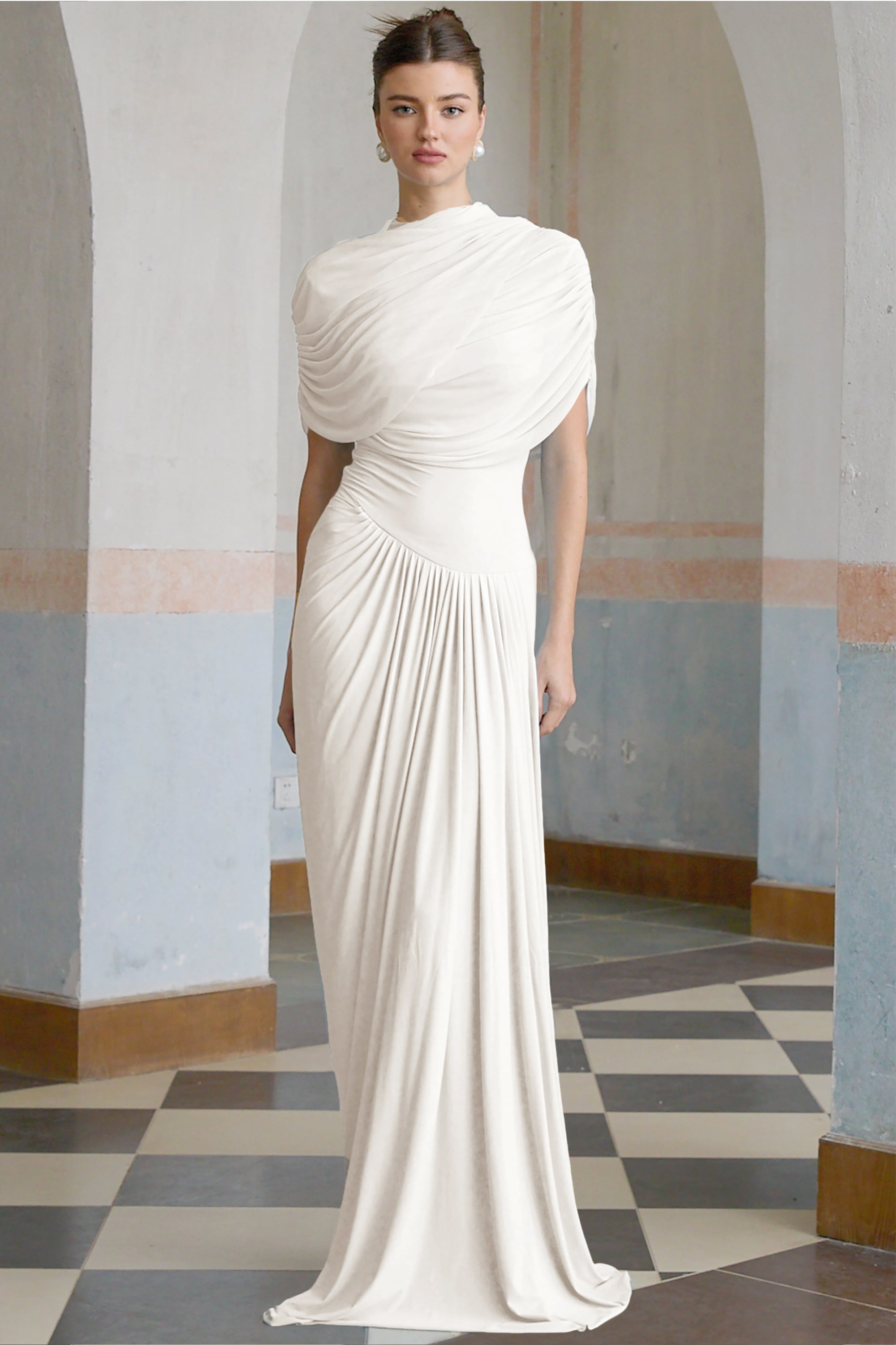 Catherine White Asymmetrical Pleated Maxi Dress