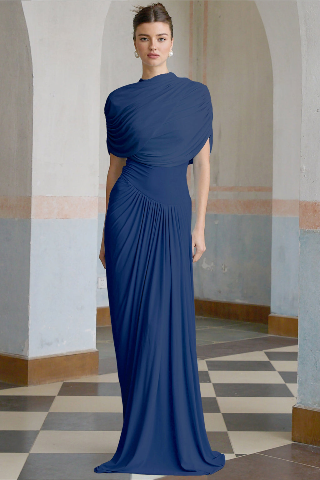 Catherine asymmetrical pleated maxi dress in Navy-blue