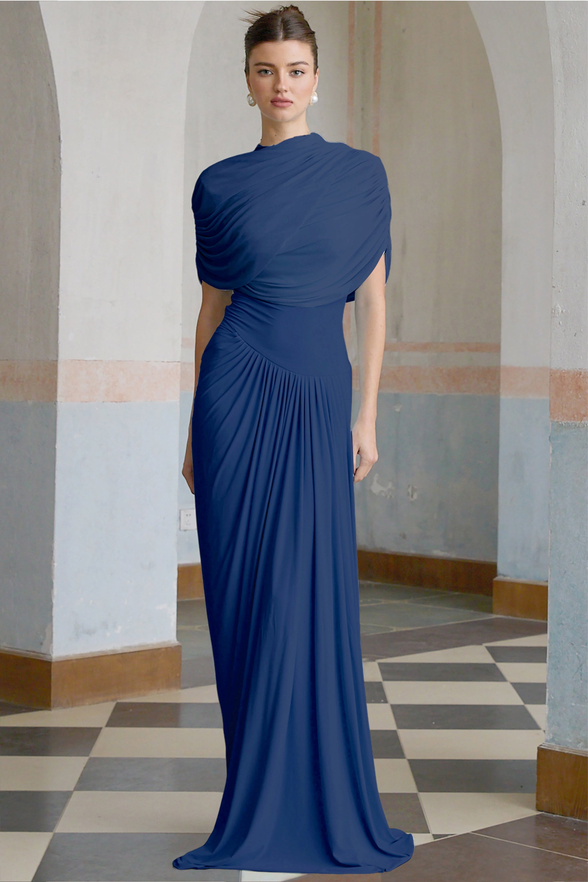 Catherine asymmetrical pleated maxi dress in Navy-blue