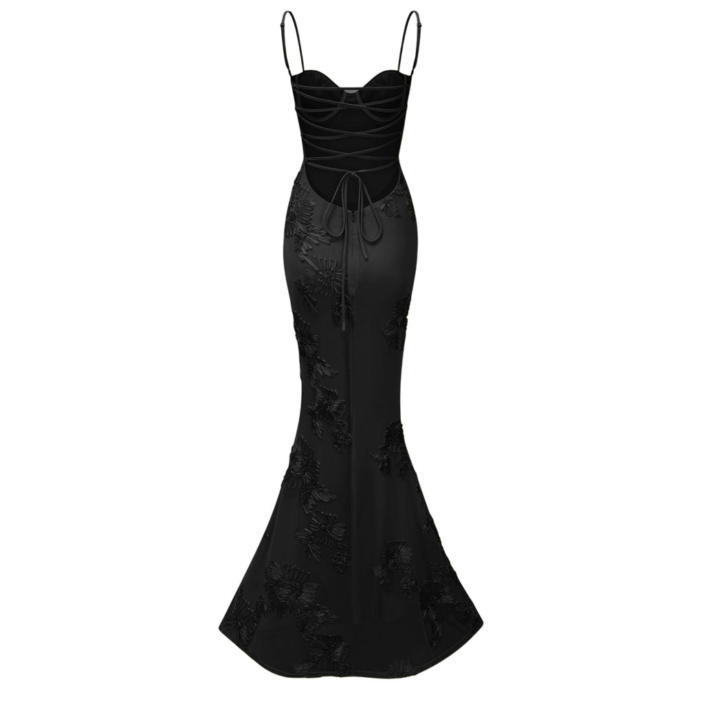 Théoline Black Floral Appliqué Corset Maxi Dress