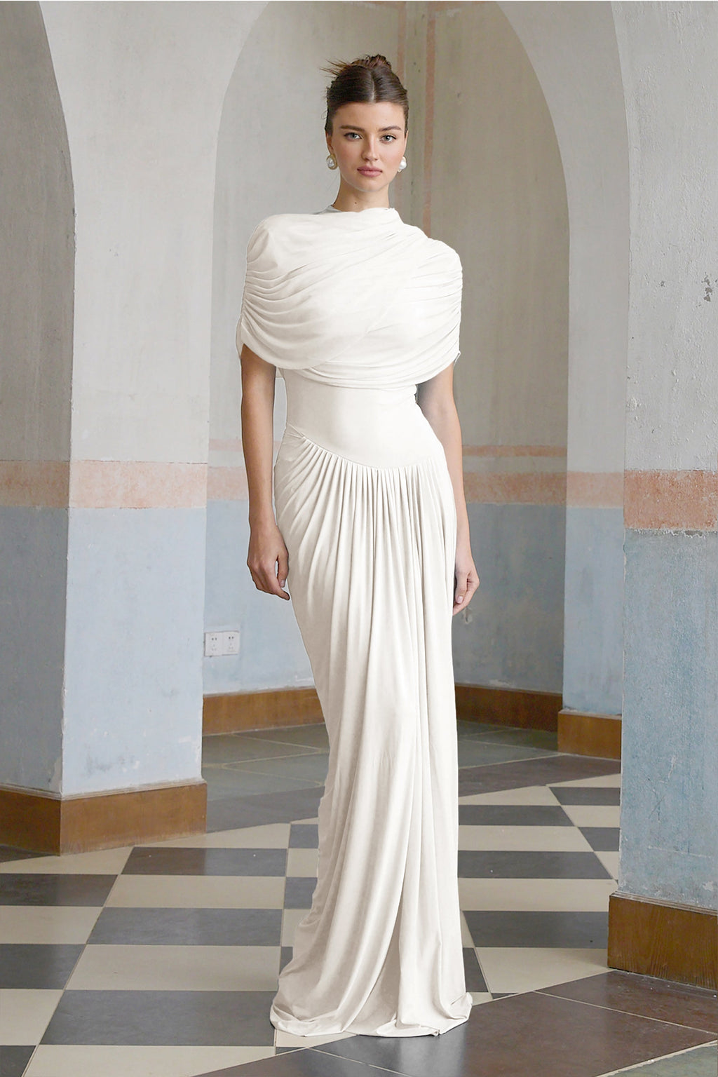 Catherine White Asymmetrical Pleated Maxi Dress