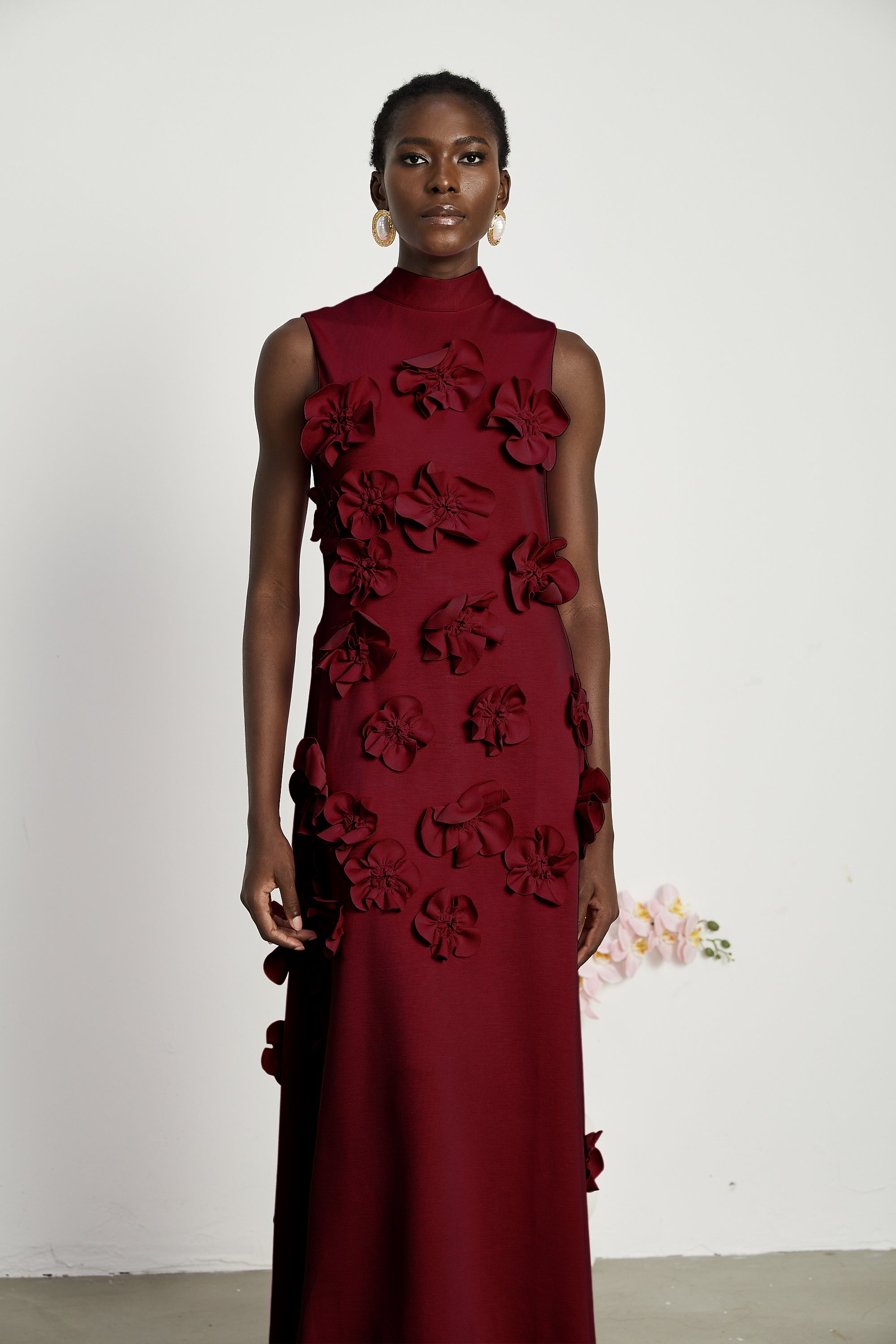 Magali Red Sleeveless Maxi Dress with Faux Flower & Bow-Tie Embellishment