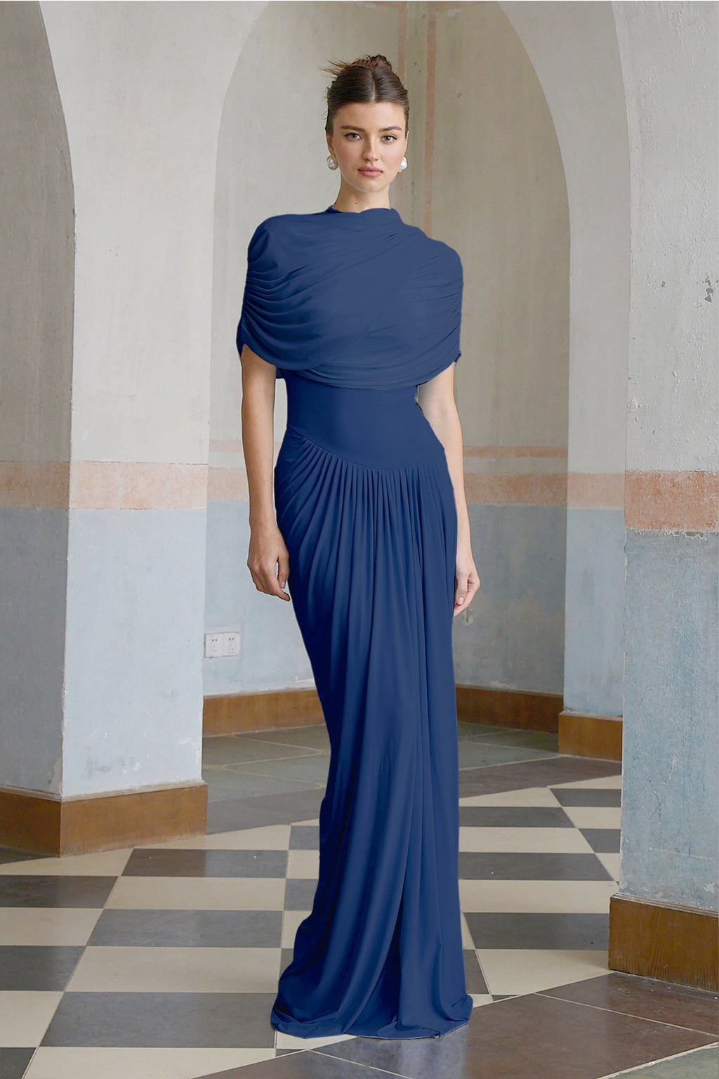Catherine asymmetrical pleated maxi dress in Navy-blue