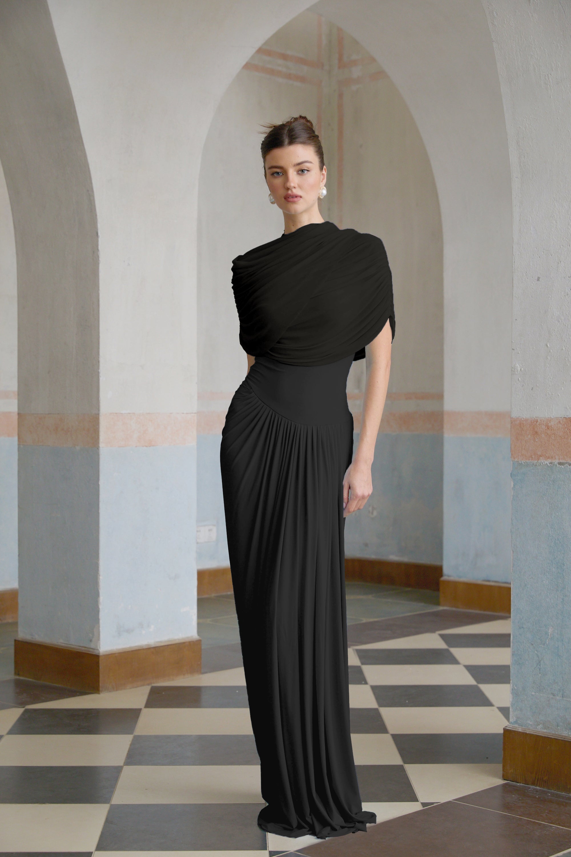 Catherine Black Asymmetrical Pleated Maxi Dress