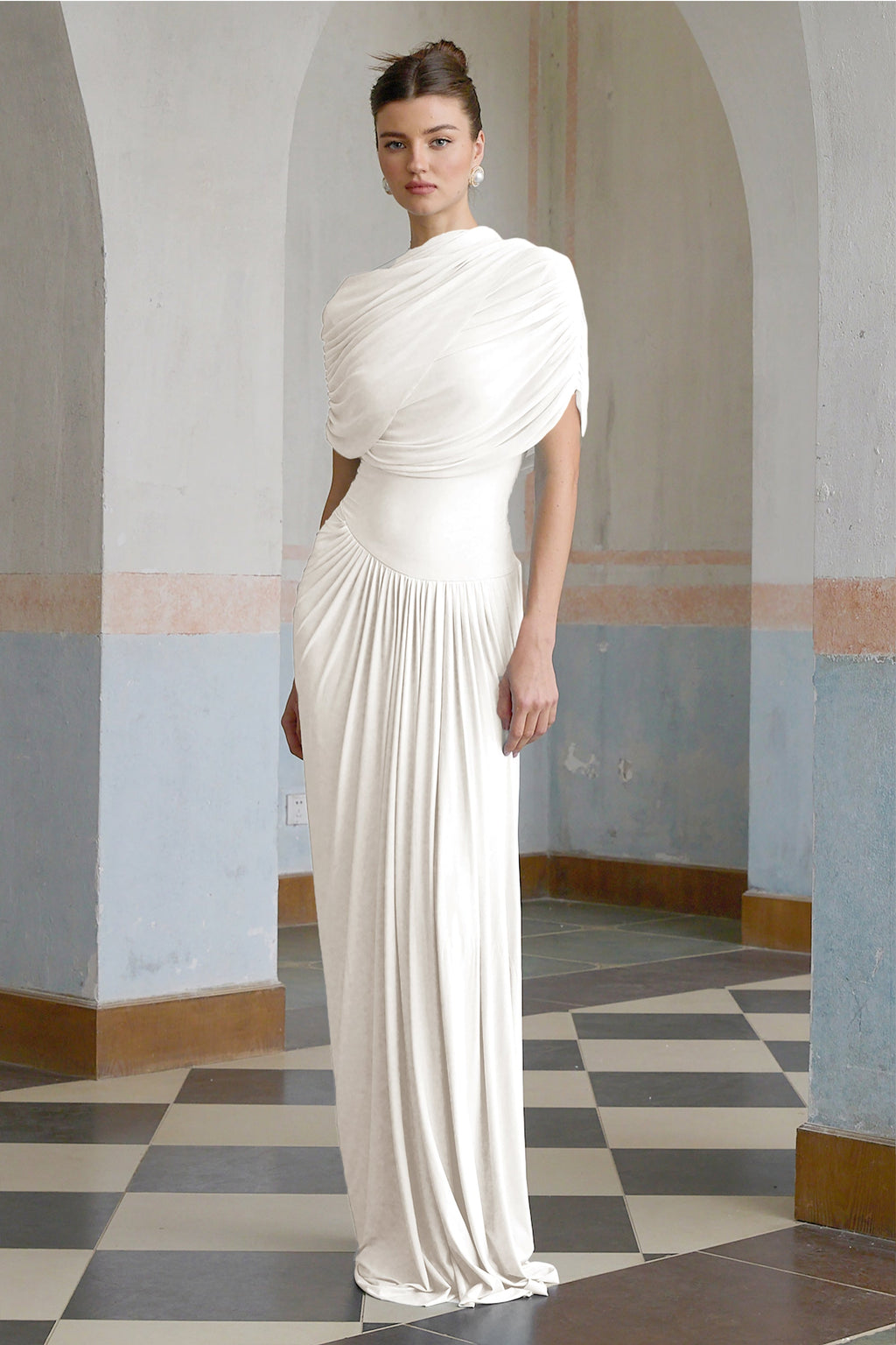 Catherine White Asymmetrical Pleated Maxi Dress