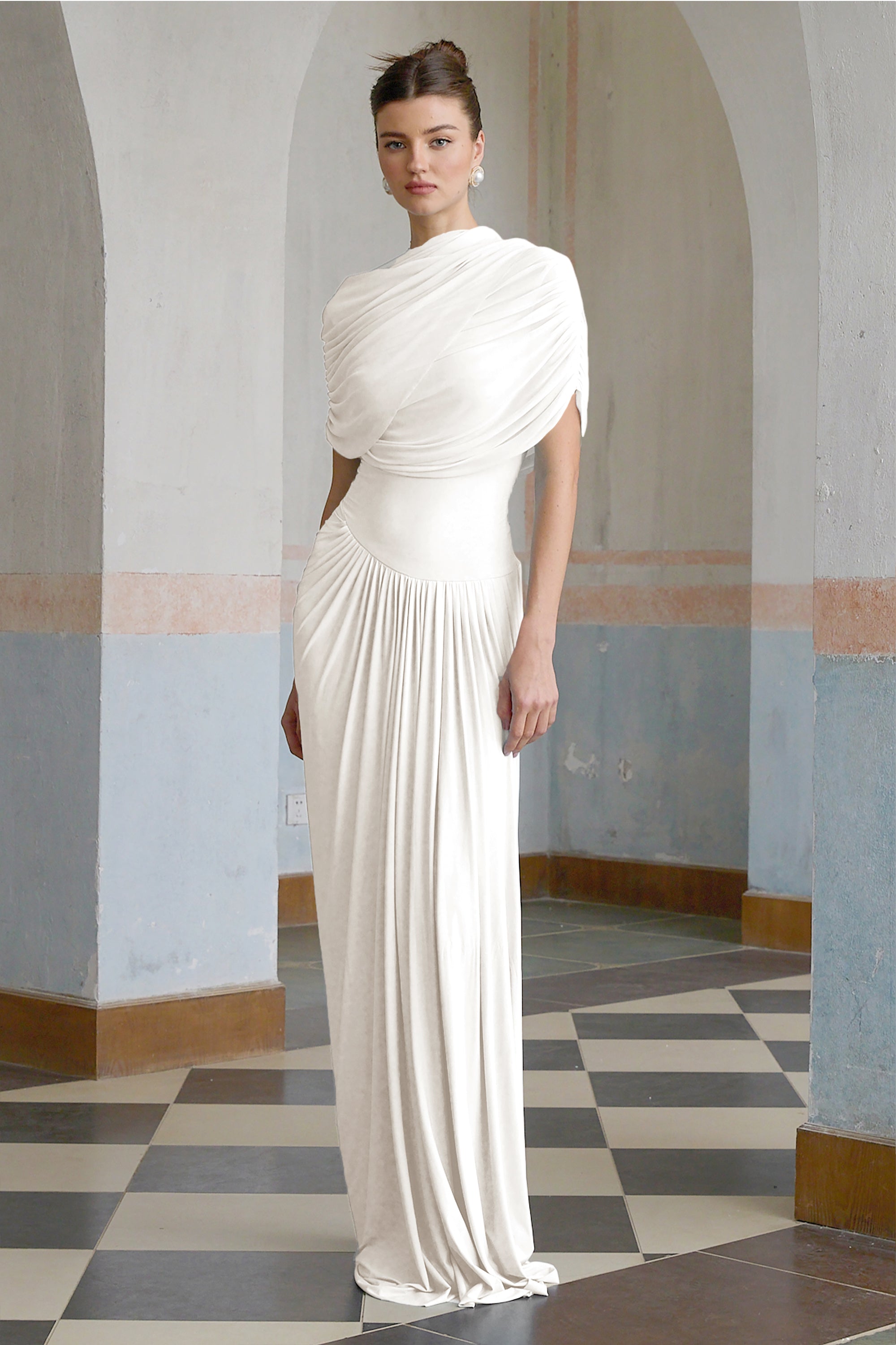 Catherine White Asymmetrical Pleated Maxi Dress