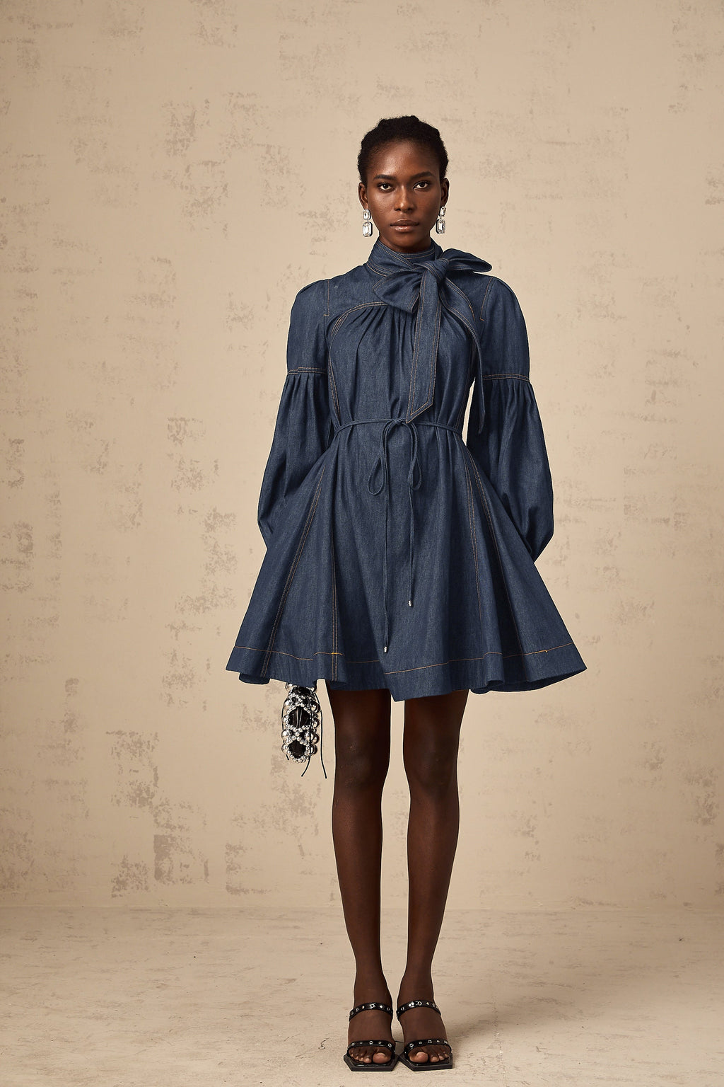 Mirabel dark-blue contrast-stitch denim mini dress