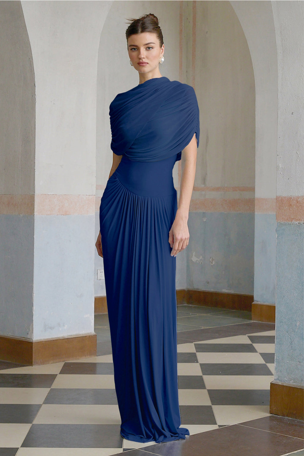 Catherine asymmetrical pleated maxi dress in Navy-blue