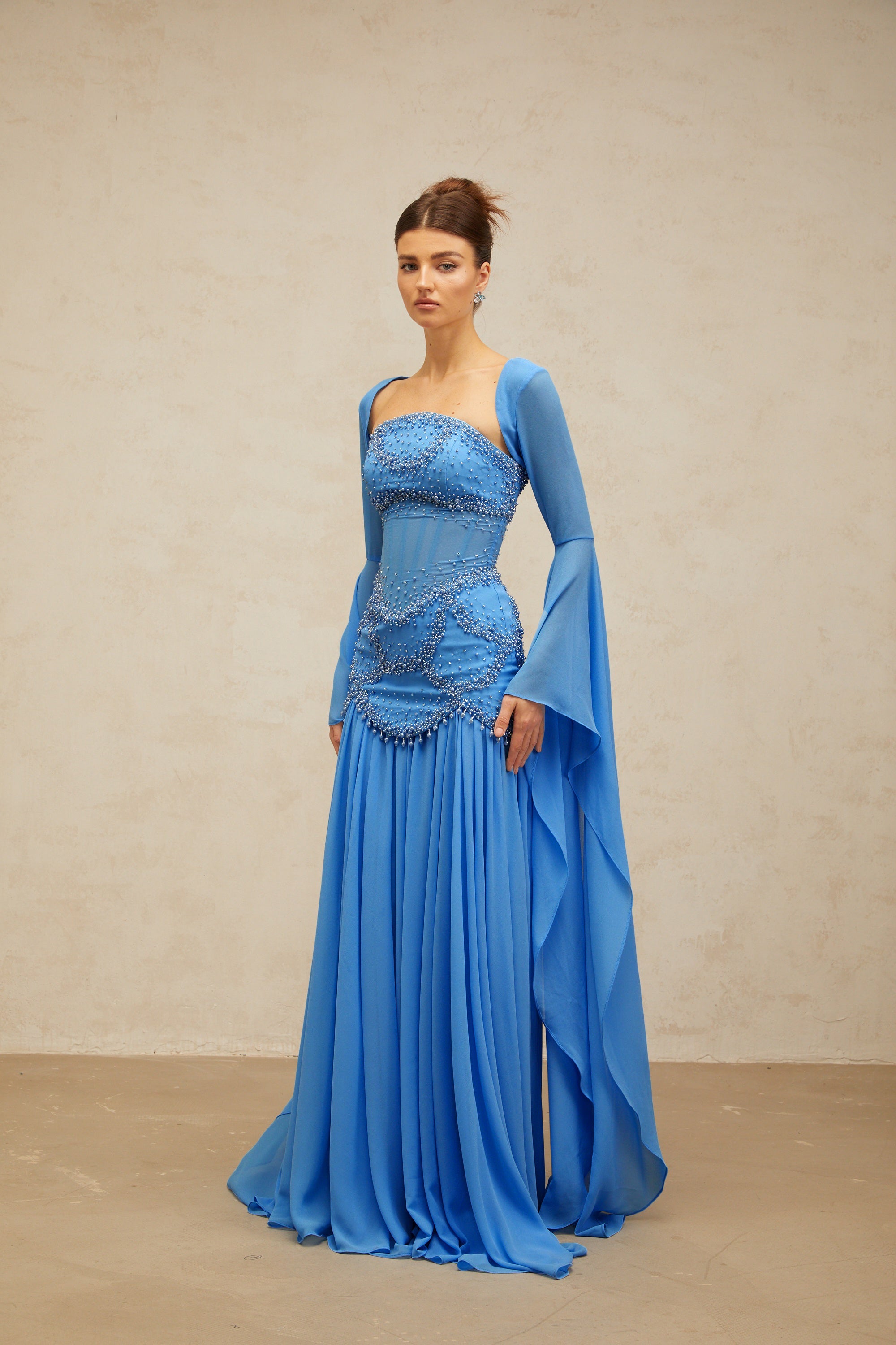 Gaëlle Blue Faux-pearl-embellished Pleated Maxi Dress