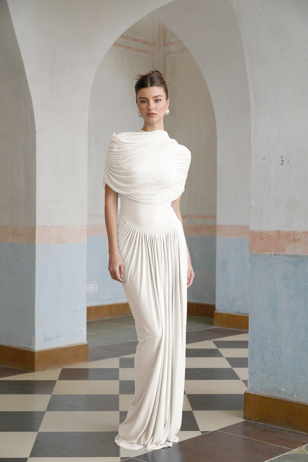 Catherine White Asymmetrical Pleated Maxi Dress