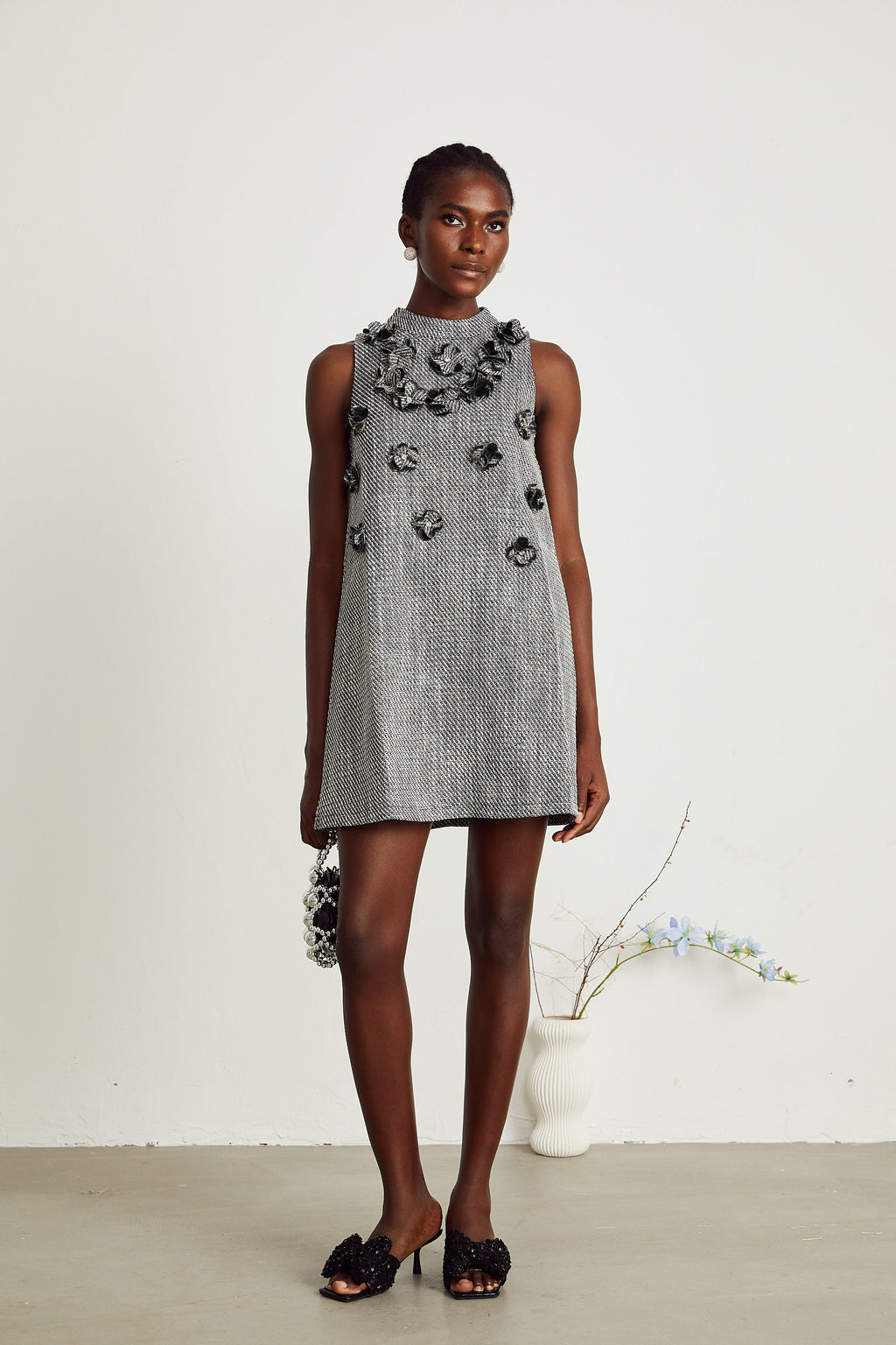 Nadège faux-flower sleeveless mini dress