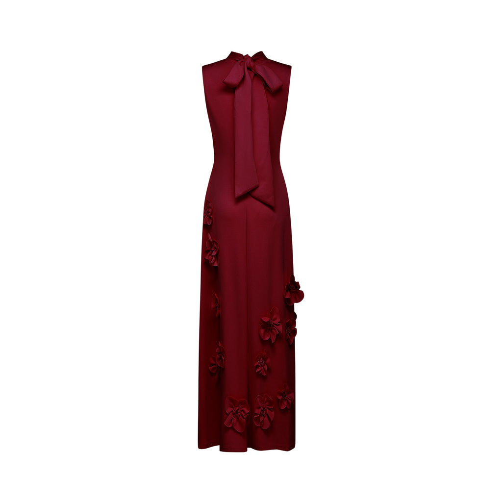 Magali Red Sleeveless Maxi Dress with Faux Flower & Bow-Tie Embellishment
