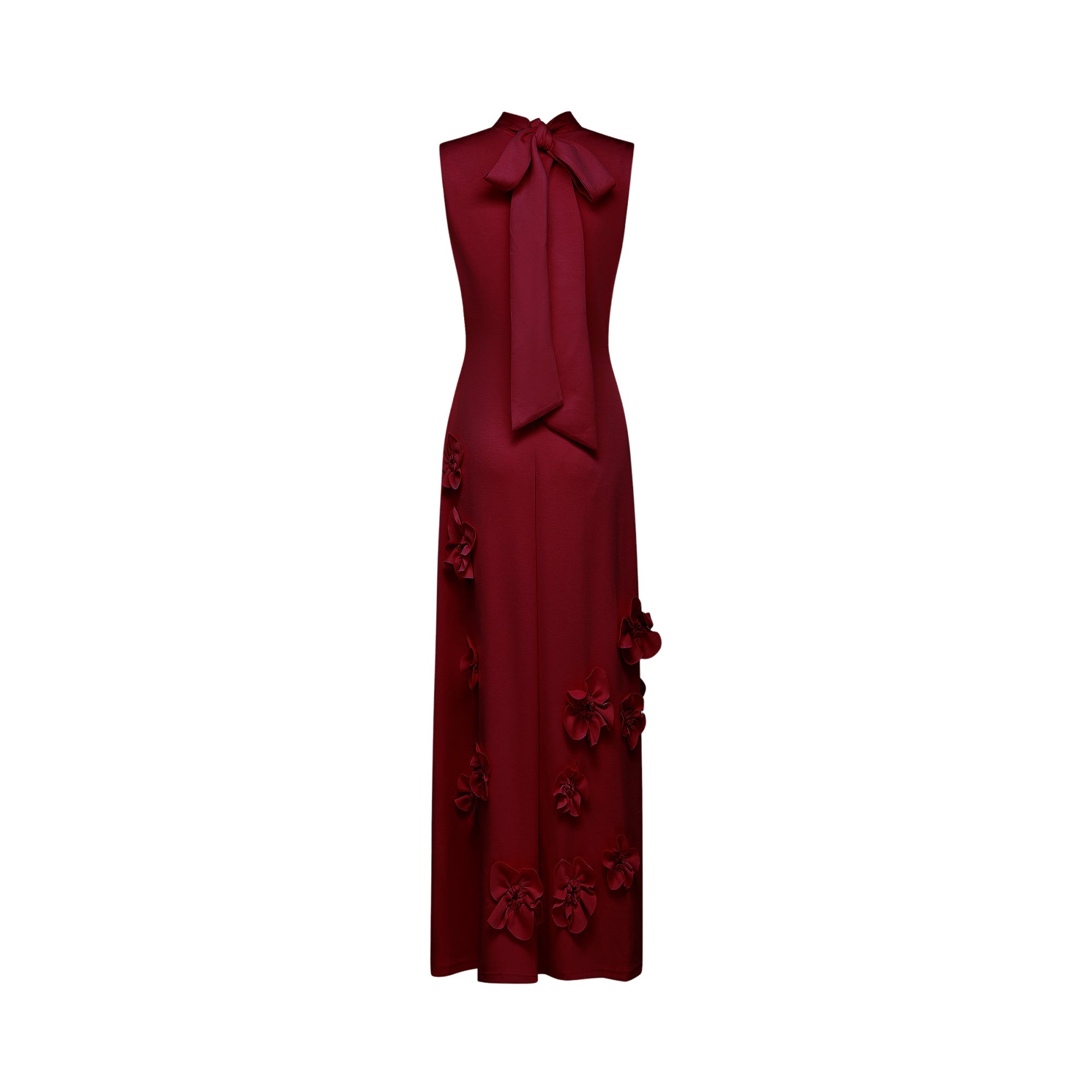 Magali Red Sleeveless Maxi Dress with Faux Flower & Bow-Tie Embellishment