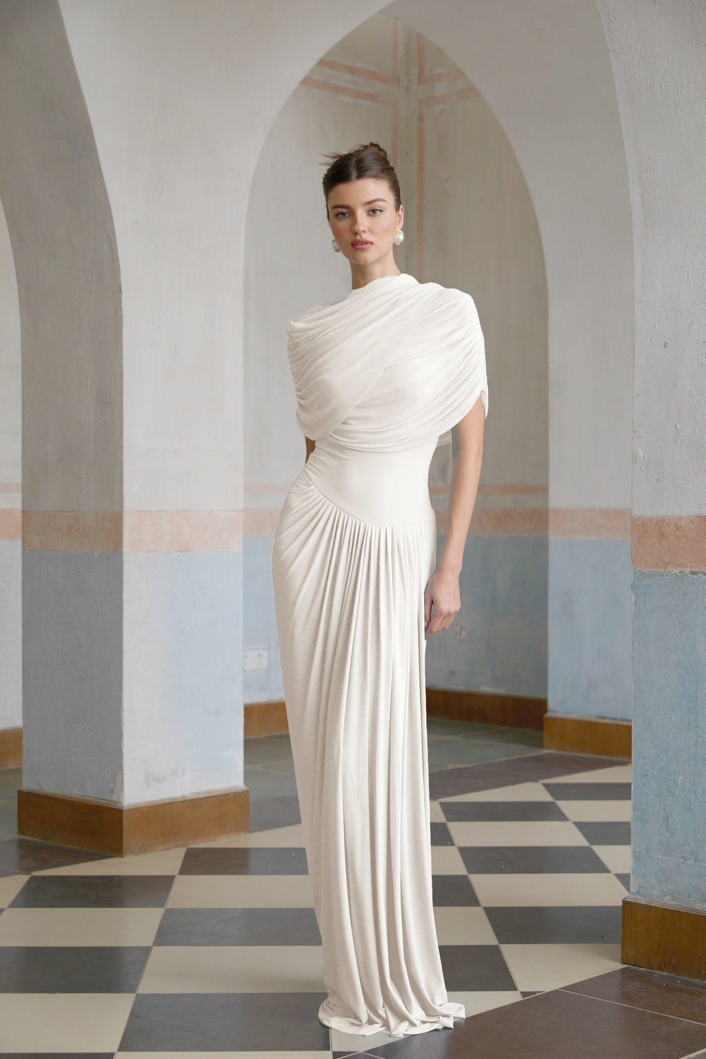 Catherine White Asymmetrical Pleated Maxi Dress