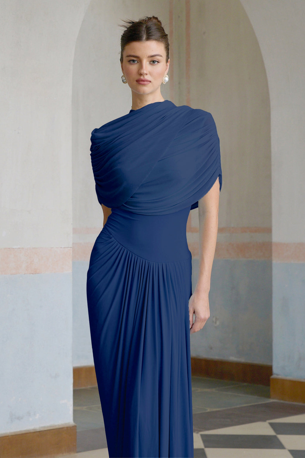Catherine asymmetrical pleated maxi dress in Navy-blue