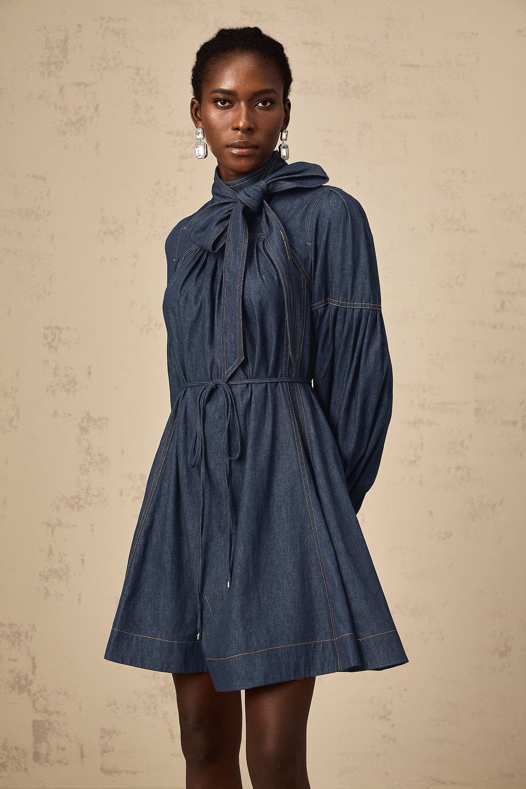 Mirabel dark-blue contrast-stitch denim mini dress