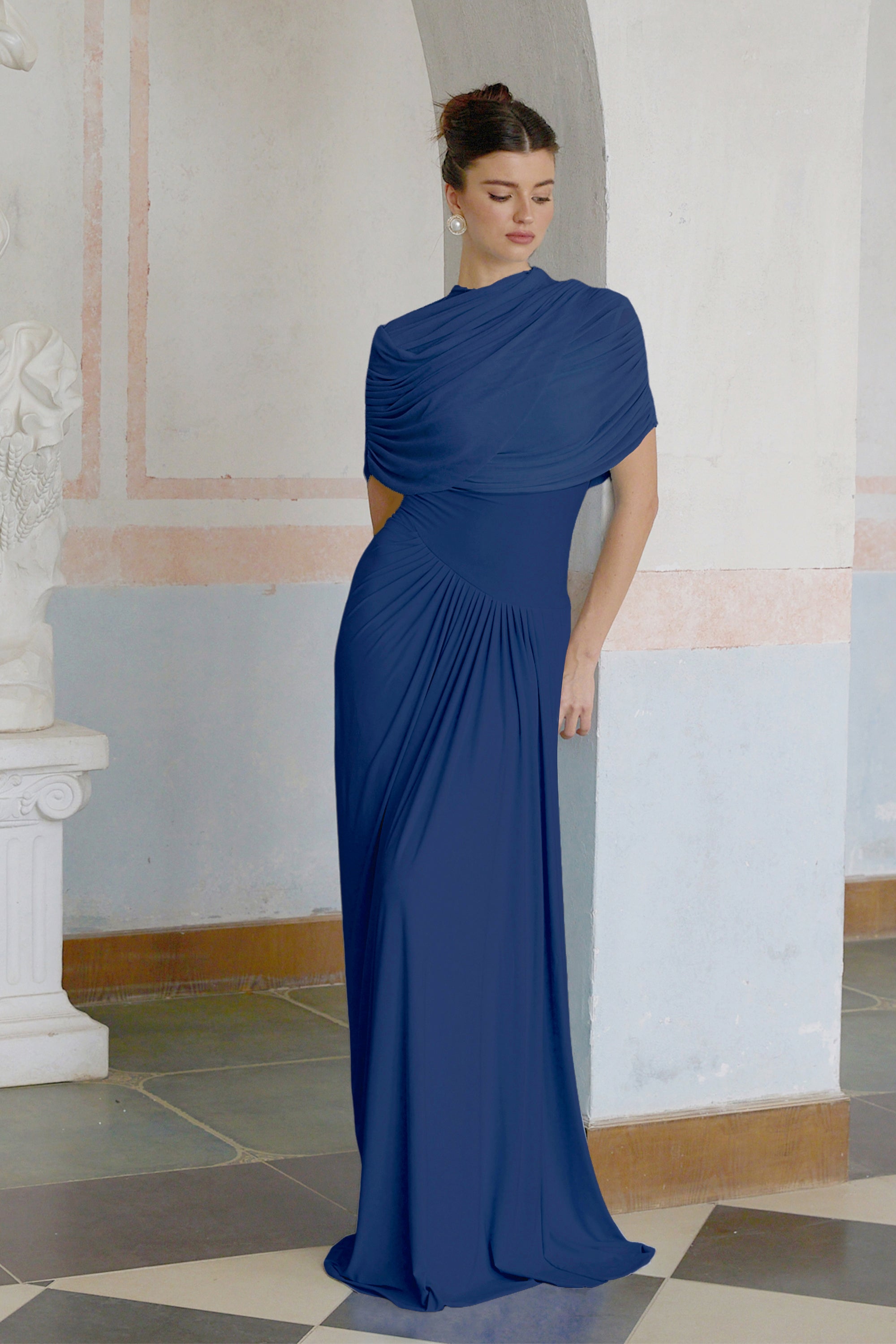 Catherine asymmetrical pleated maxi dress in Navy-blue