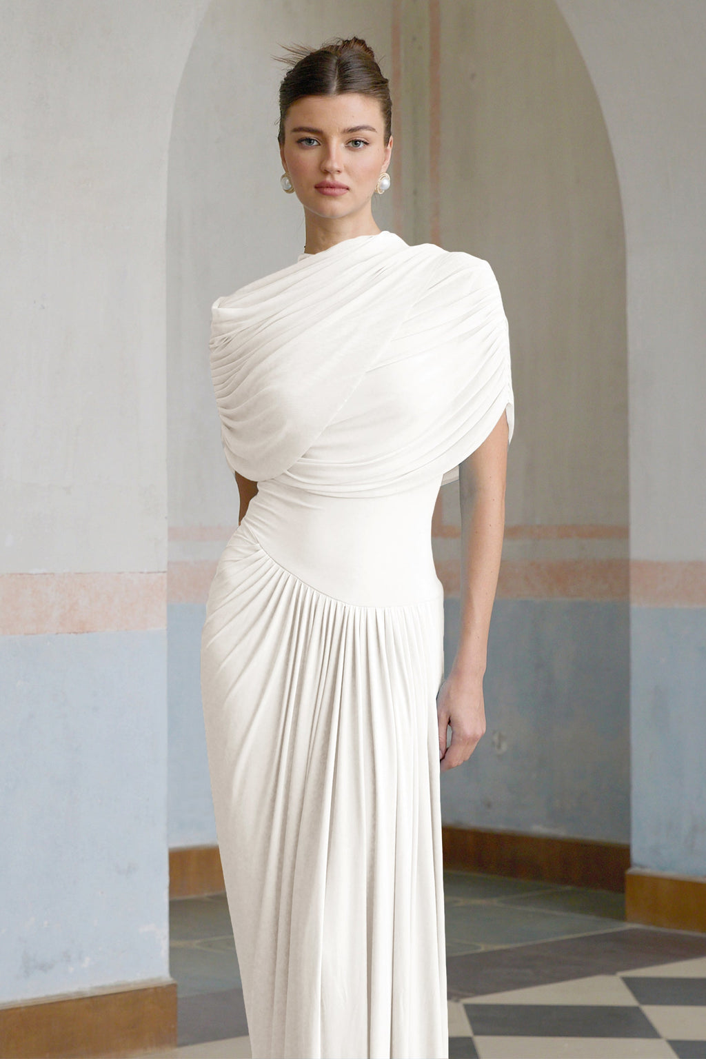 Catherine White Asymmetrical Pleated Maxi Dress