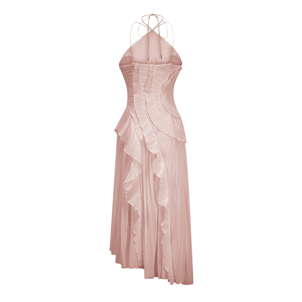 Doux Pink Ruffled Trim Pleated Midi Dress