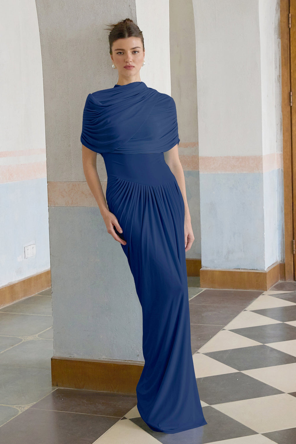 Catherine asymmetrical pleated maxi dress in Navy-blue