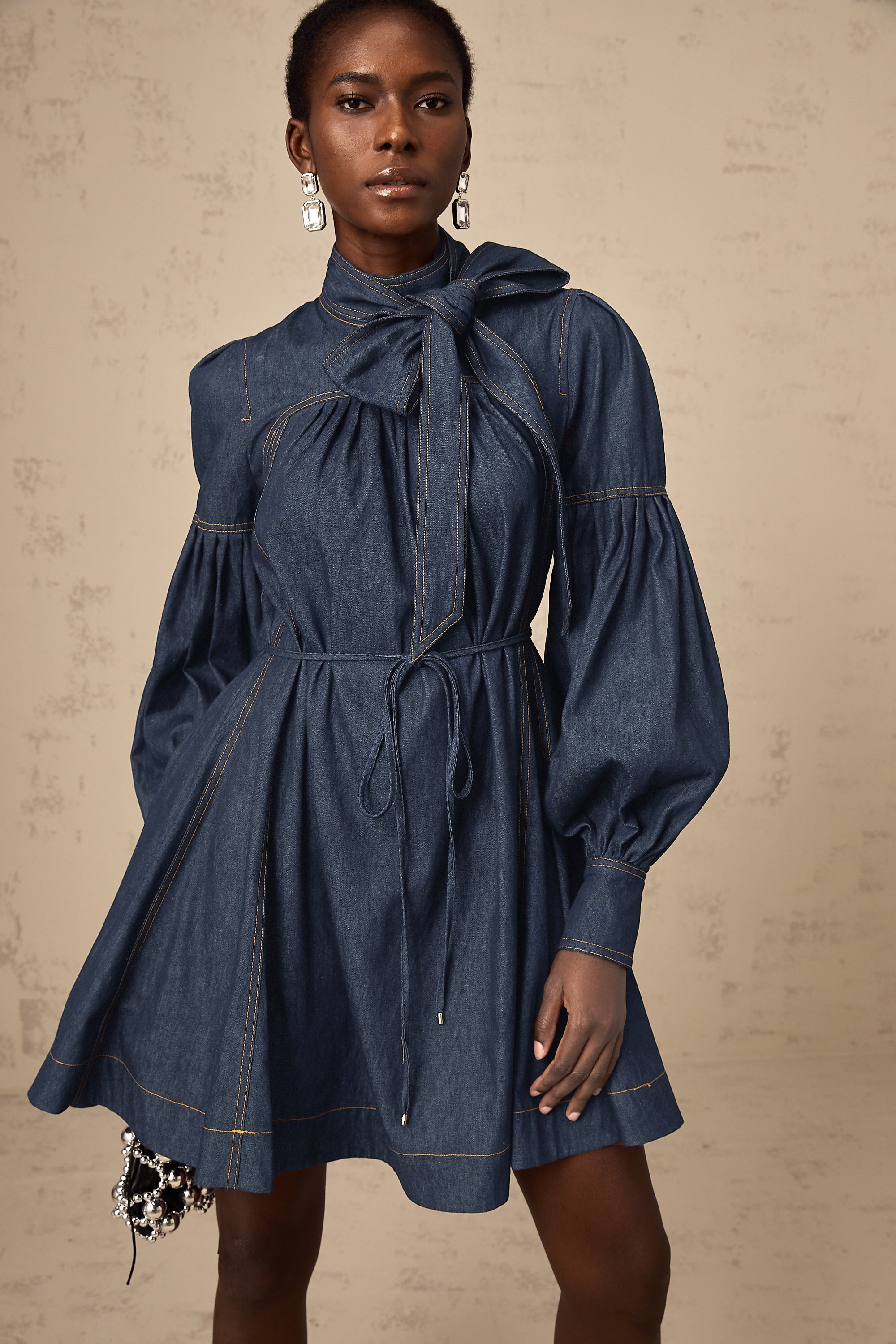 Mirabel dark-blue contrast-stitch denim mini dress