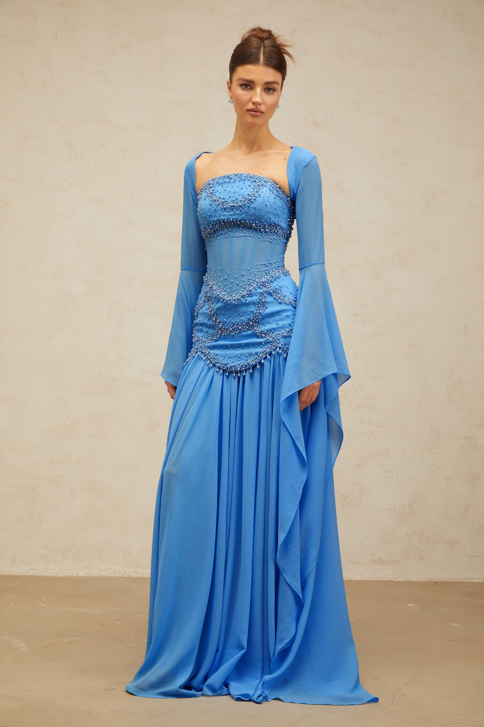 Gaëlle Blue Faux-pearl-embellished Pleated Maxi Dress