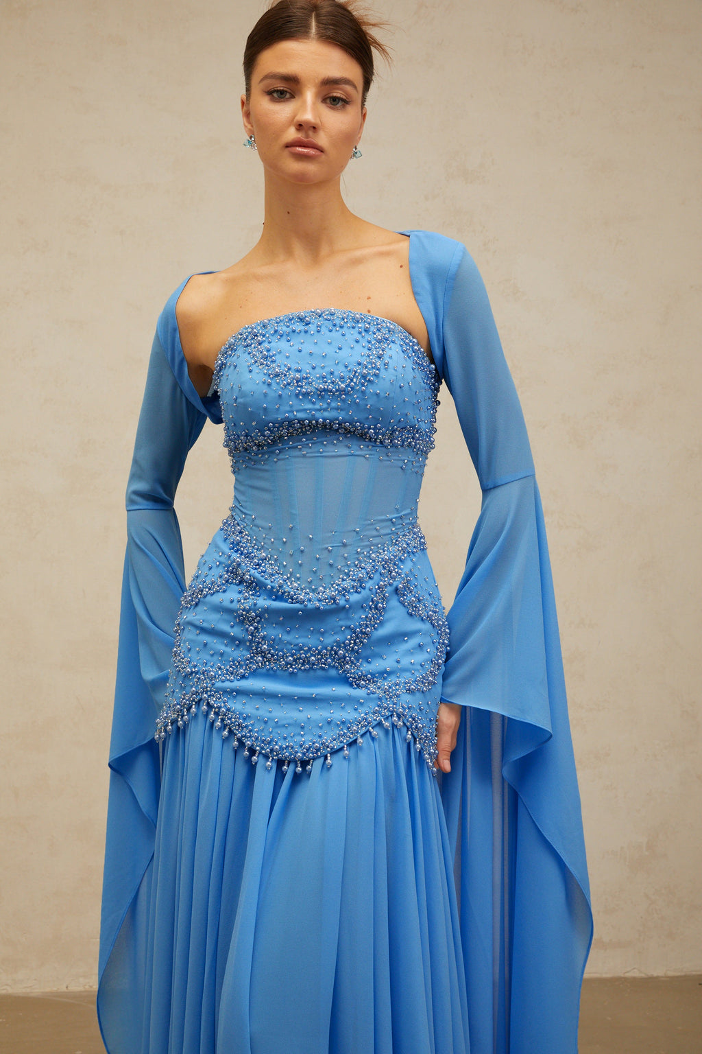 Gaëlle Blue Faux-pearl-embellished Pleated Maxi Dress