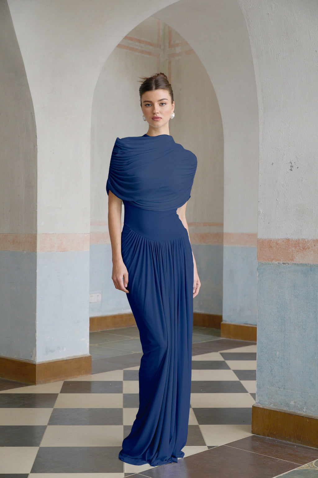 Catherine asymmetrical pleated maxi dress in Navy-blue