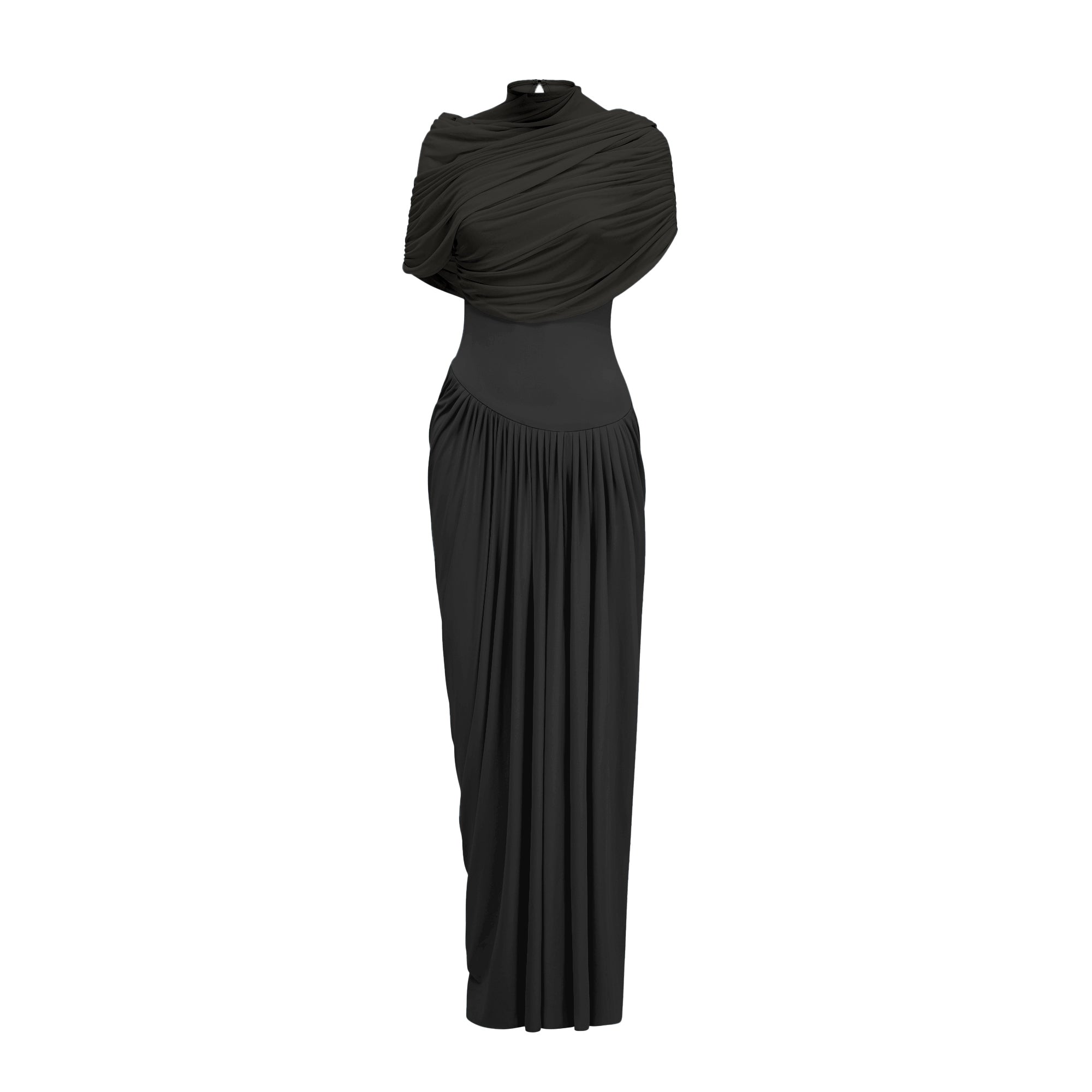 Catherine Black Asymmetrical Pleated Maxi Dress