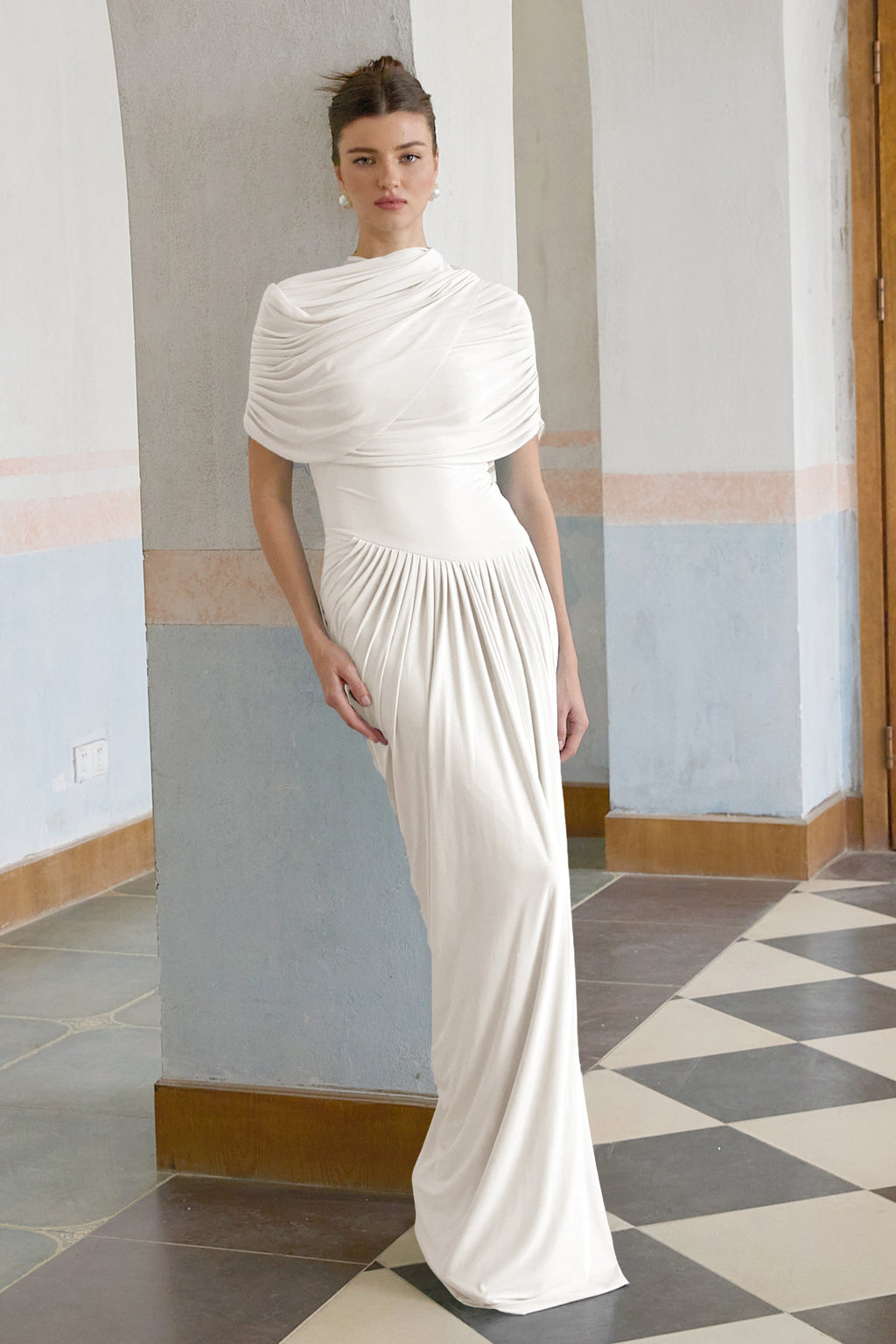 Catherine White Asymmetrical Pleated Maxi Dress