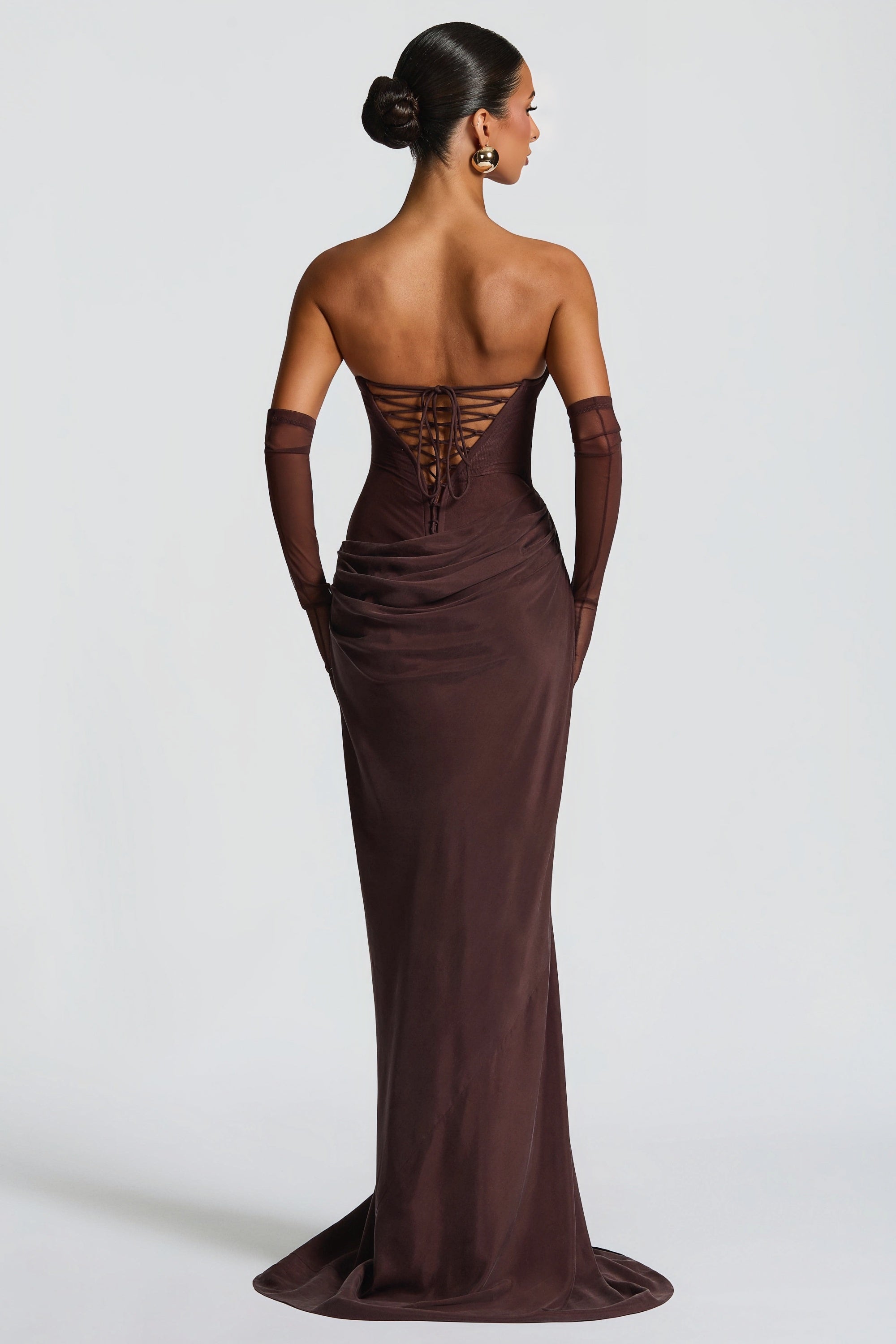 Vedette Brown Ruched Corset Maxi Dress (Without Gloves)