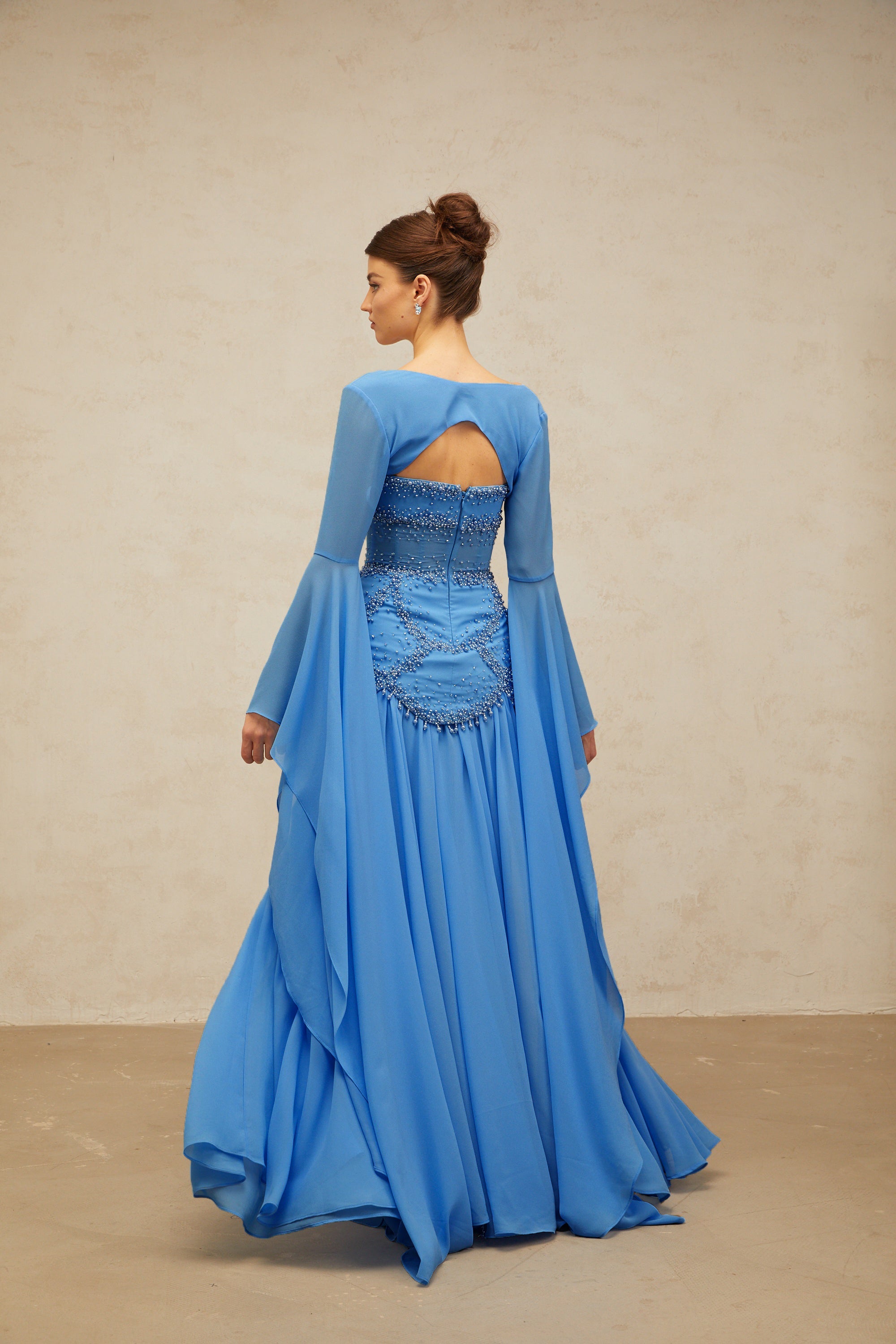 Gaëlle Blue Faux-pearl-embellished Pleated Maxi Dress