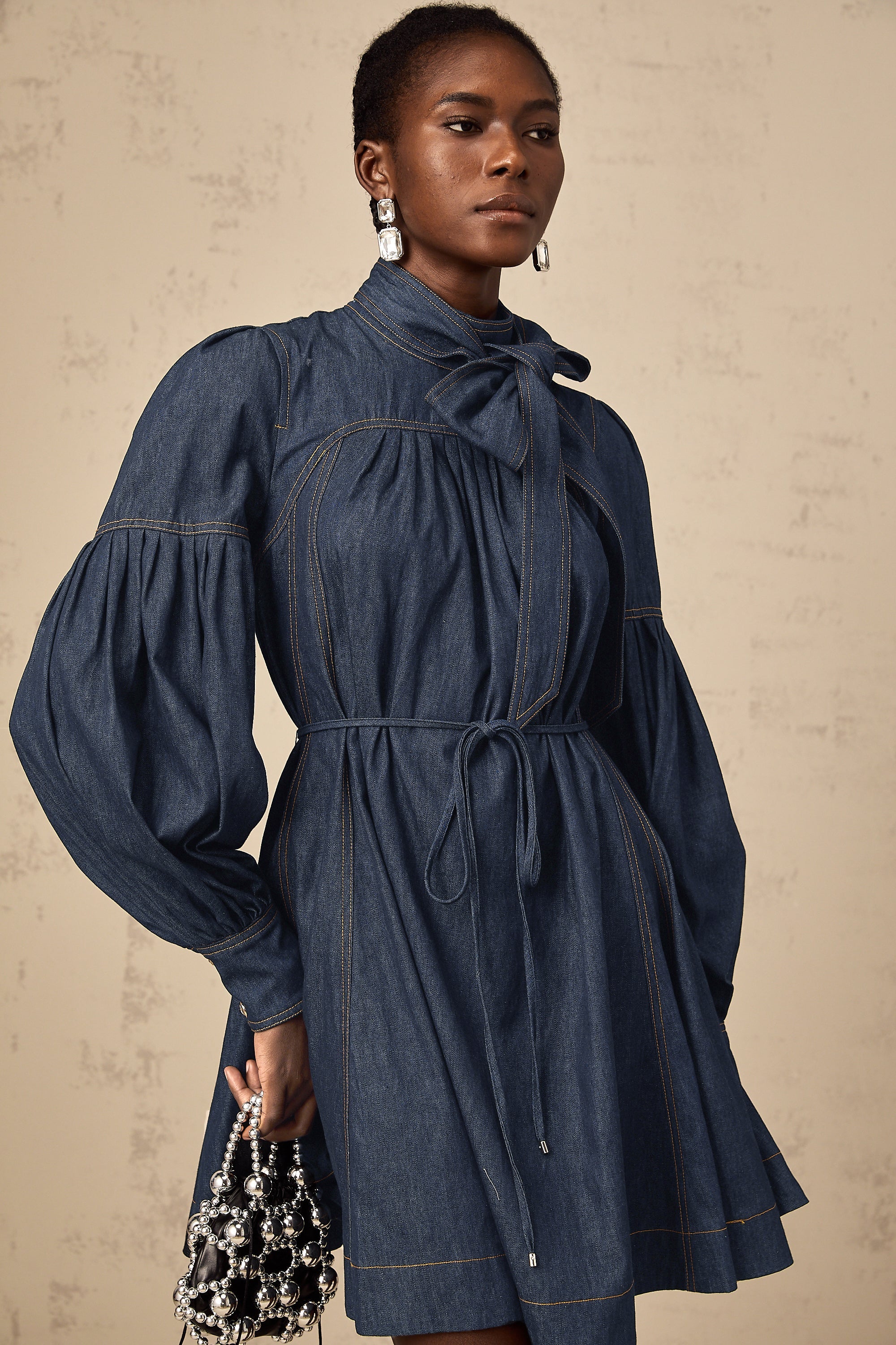 Mirabel dark-blue contrast-stitch denim mini dress