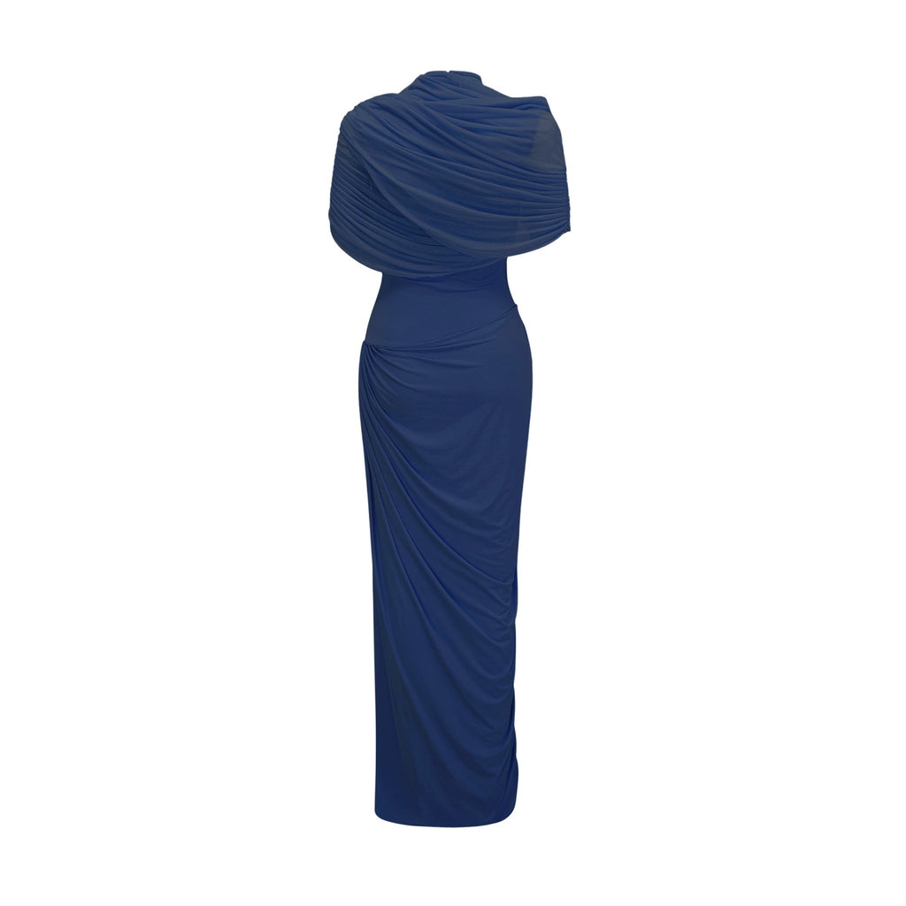 Catherine asymmetrical pleated maxi dress in Navy-blue