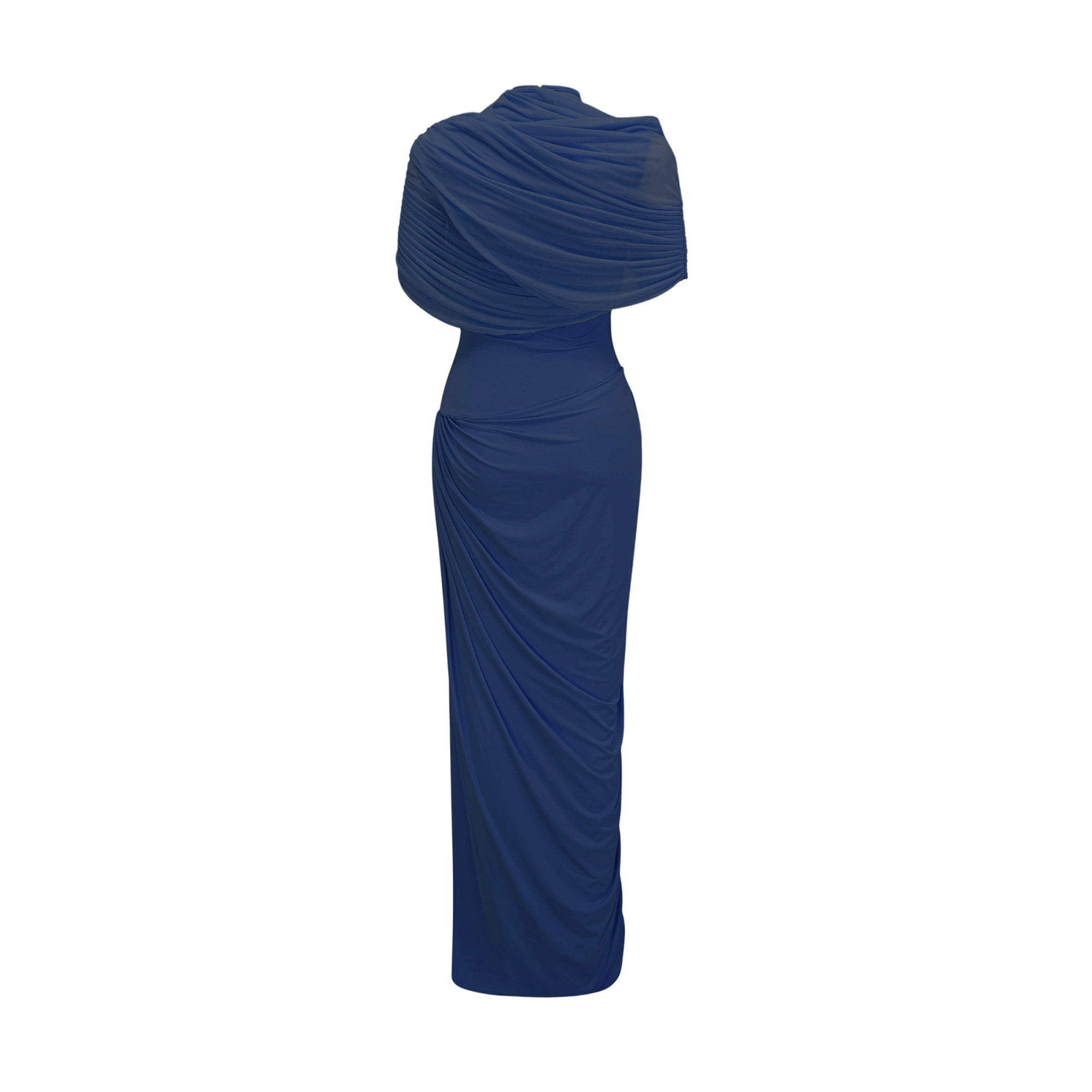 Catherine asymmetrical pleated maxi dress in Navy-blue
