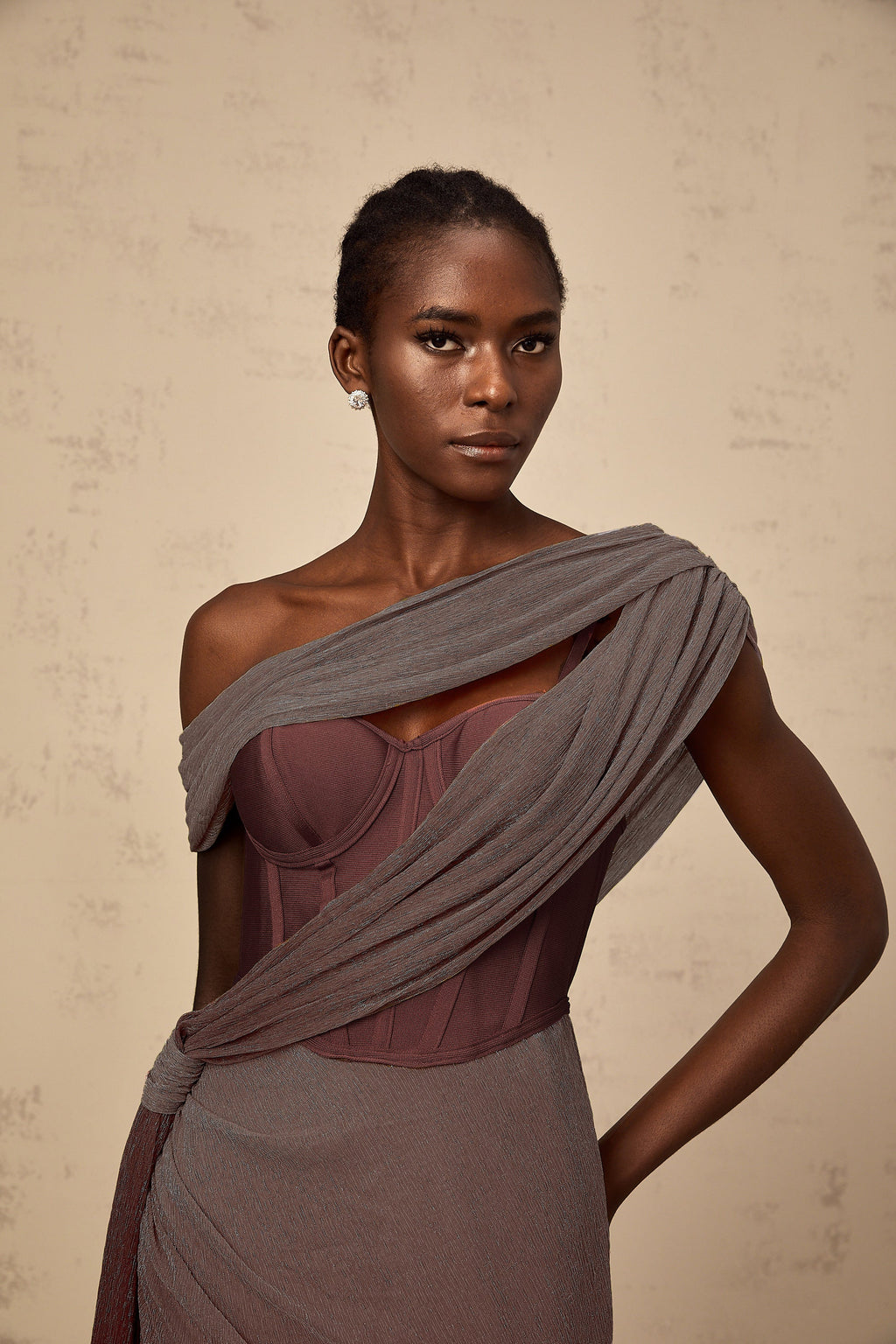 Delphine ribbon-design corset maxi dress in Brown