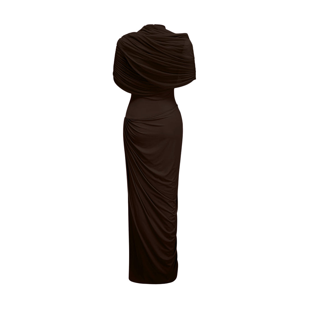 Catherine asymmetrical pleated maxi dress in Brown