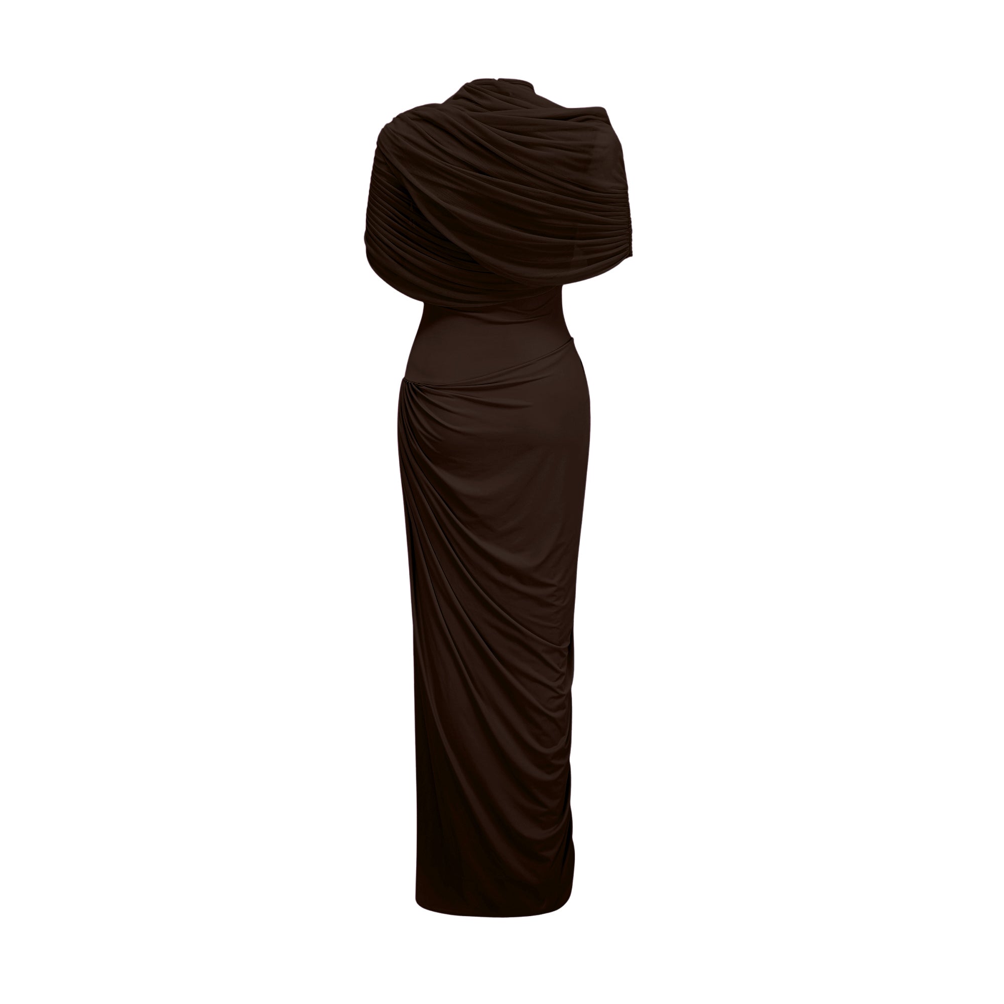 Catherine asymmetrical pleated maxi dress in Brown