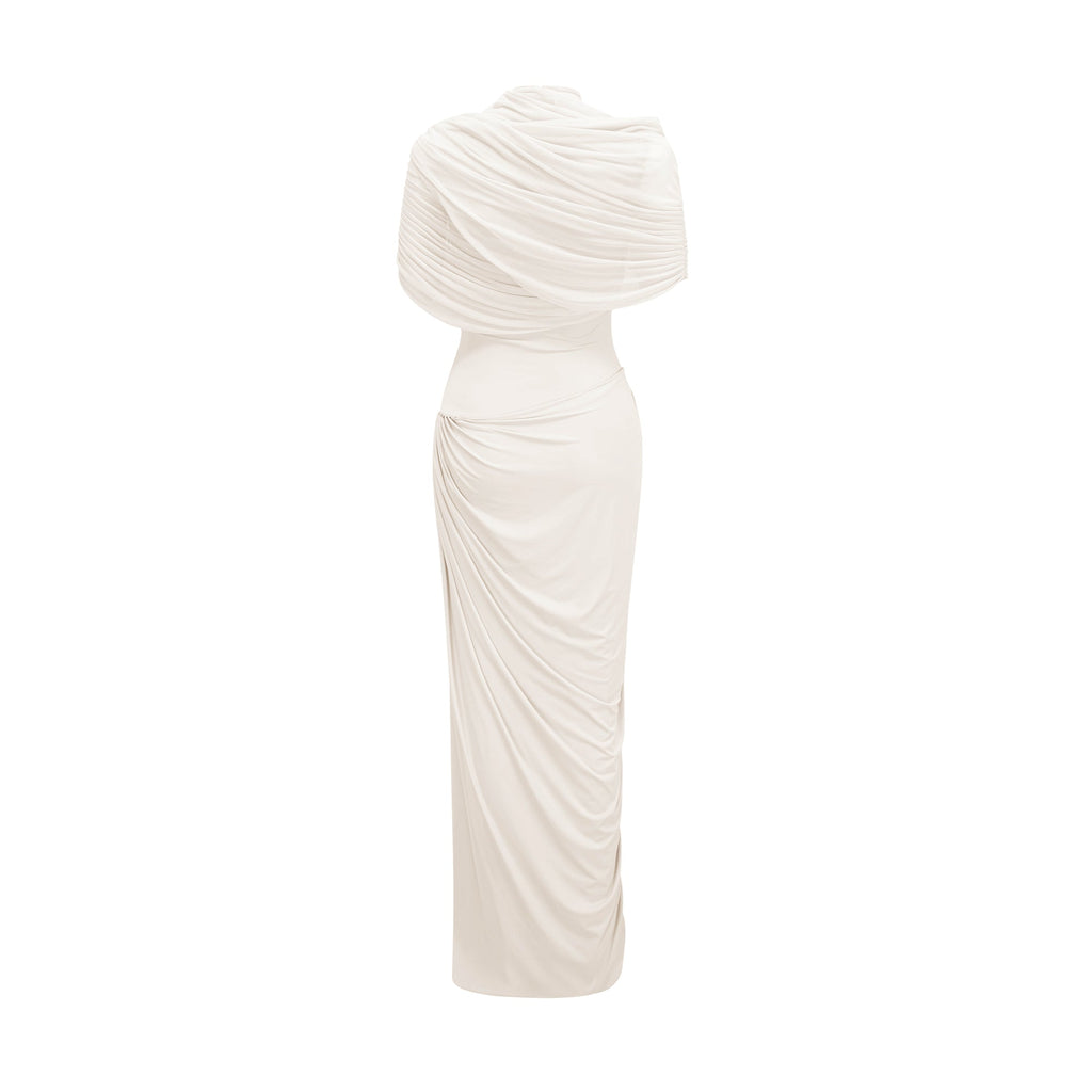 Catherine White Asymmetrical Pleated Maxi Dress