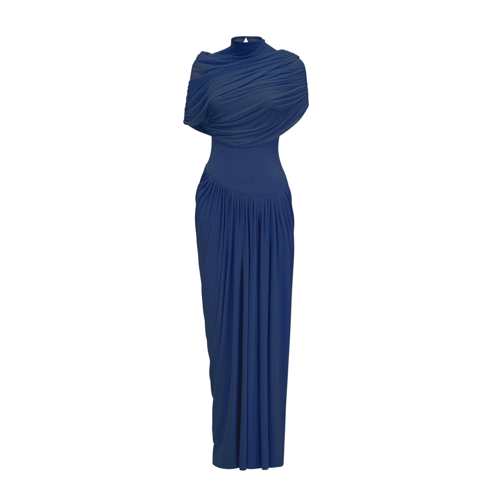 Catherine asymmetrical pleated maxi dress in Navy-blue