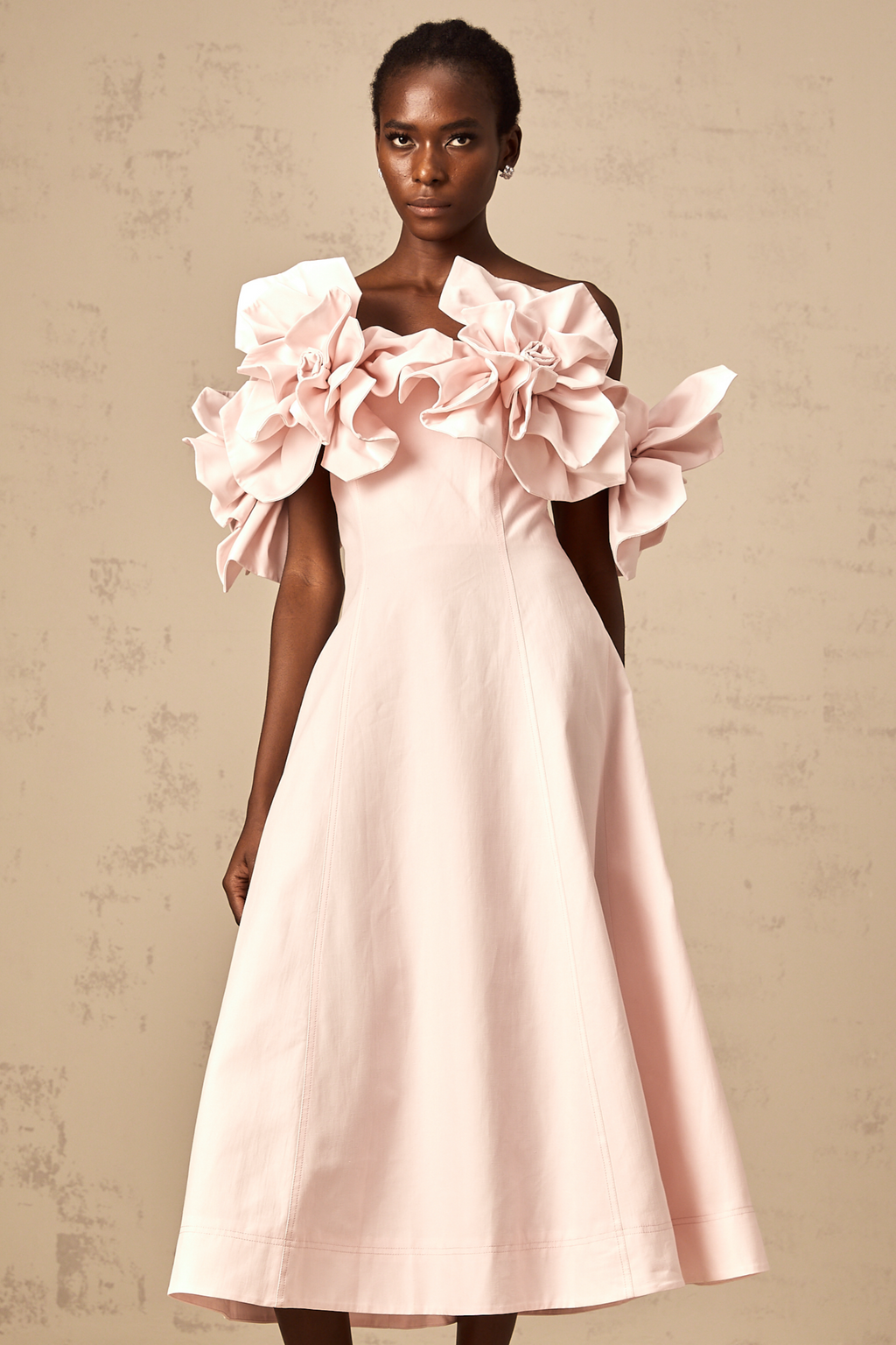 Juliette pink off-shoulder 3D-petal midi dress