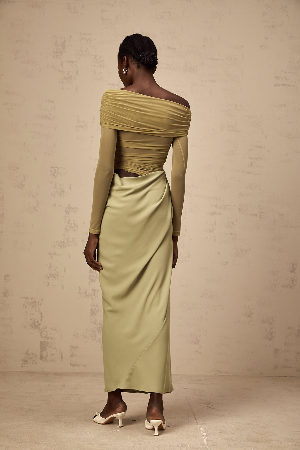 Estelle off-shoulder semi-sheer midi dress in Green