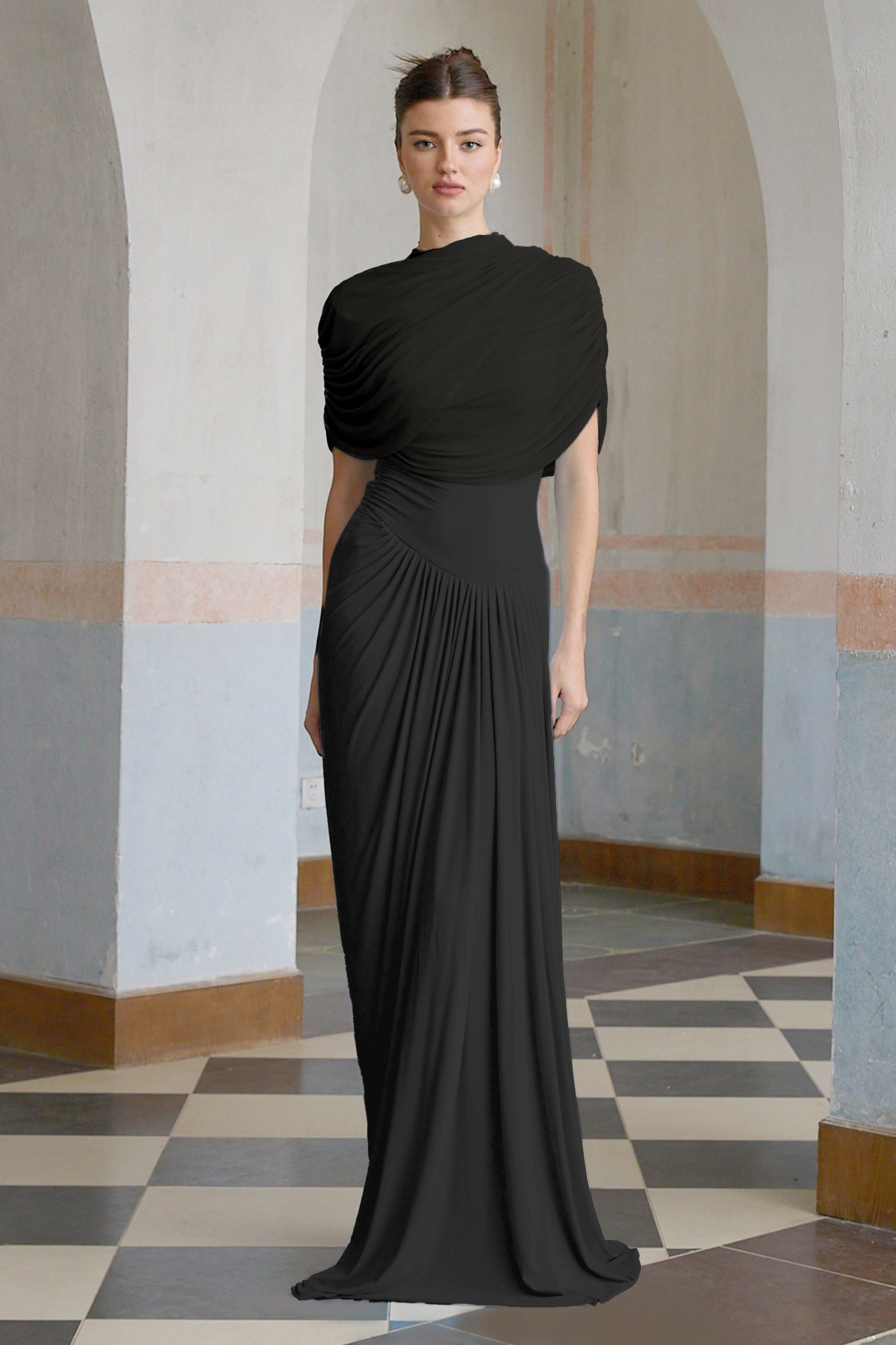 Catherine Black Asymmetrical Pleated Maxi Dress