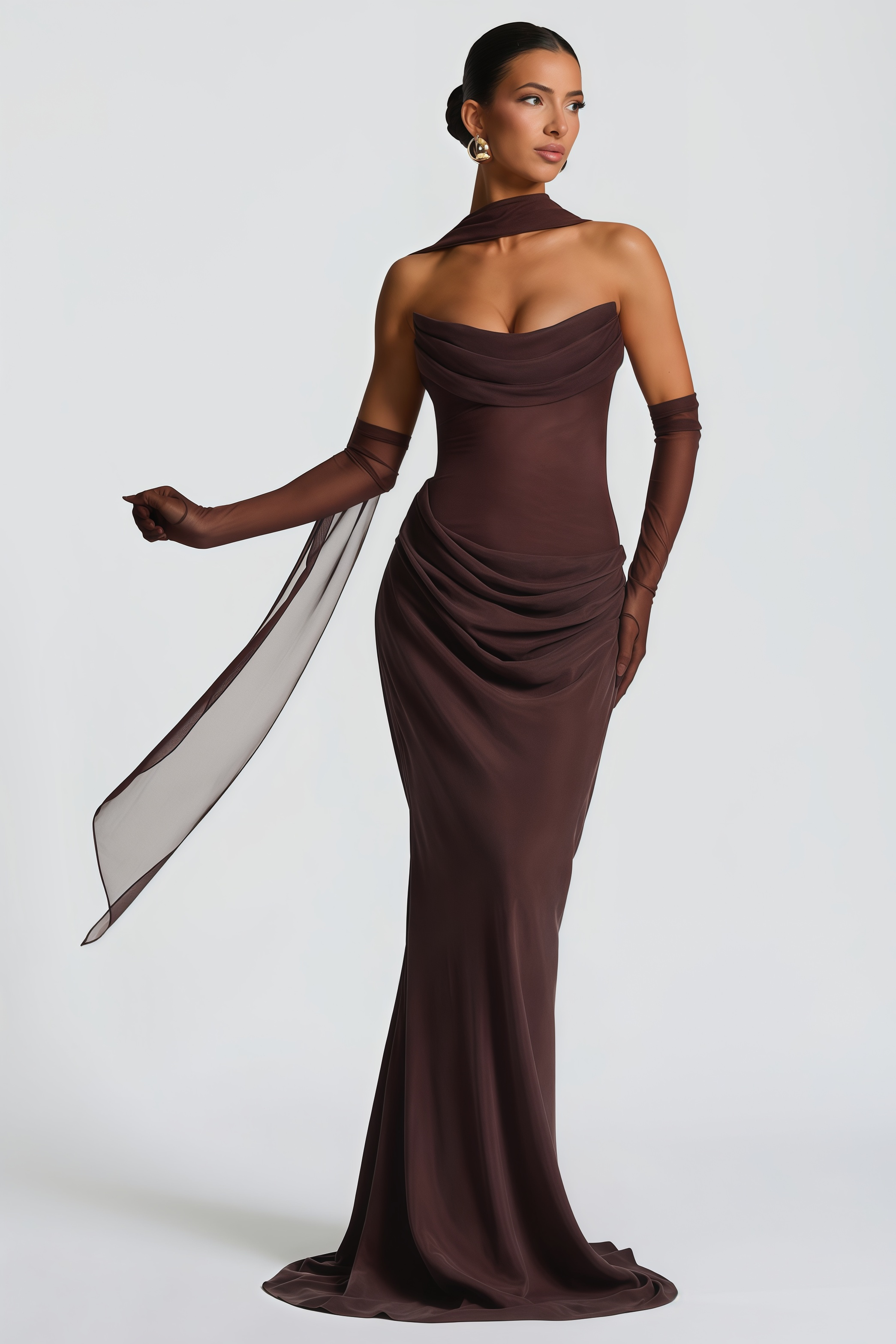 Vedette Brown Ruched Corset Maxi Dress (Without Gloves)